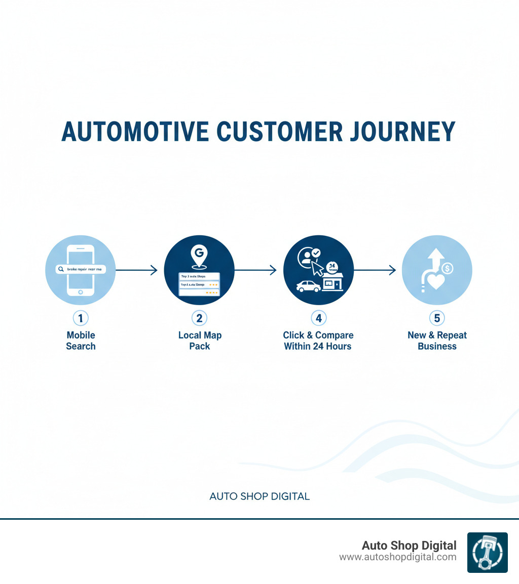 Infographic showing the customer journey: 1) Customer searches on mobile phone for Infographic showing the customer journey: 1) Customer searches on mobile phone for