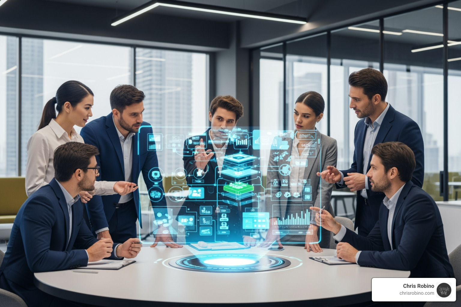 A diverse team collaborating around a holographic model of a business process - emerging technology consulting A diverse team collaborating around a holographic model of a business process - emerging technology consulting