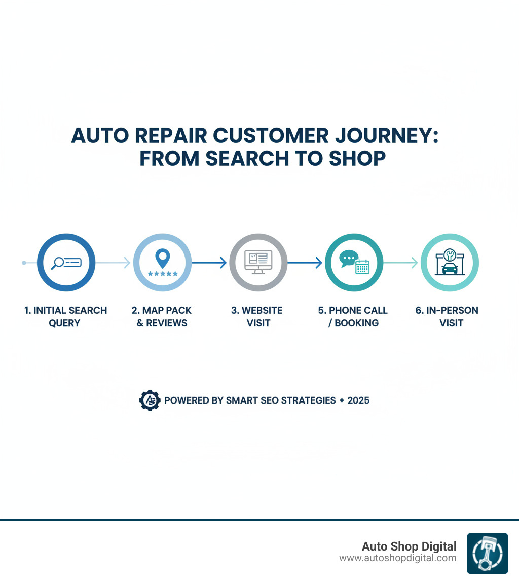 infographic showing the customer journey from Google search to shop visit, highlighting key touchpoints: initial search query, map pack review, website visit, review reading, phone call or booking, and in-person visit - SEO for automotive industry infographic 
