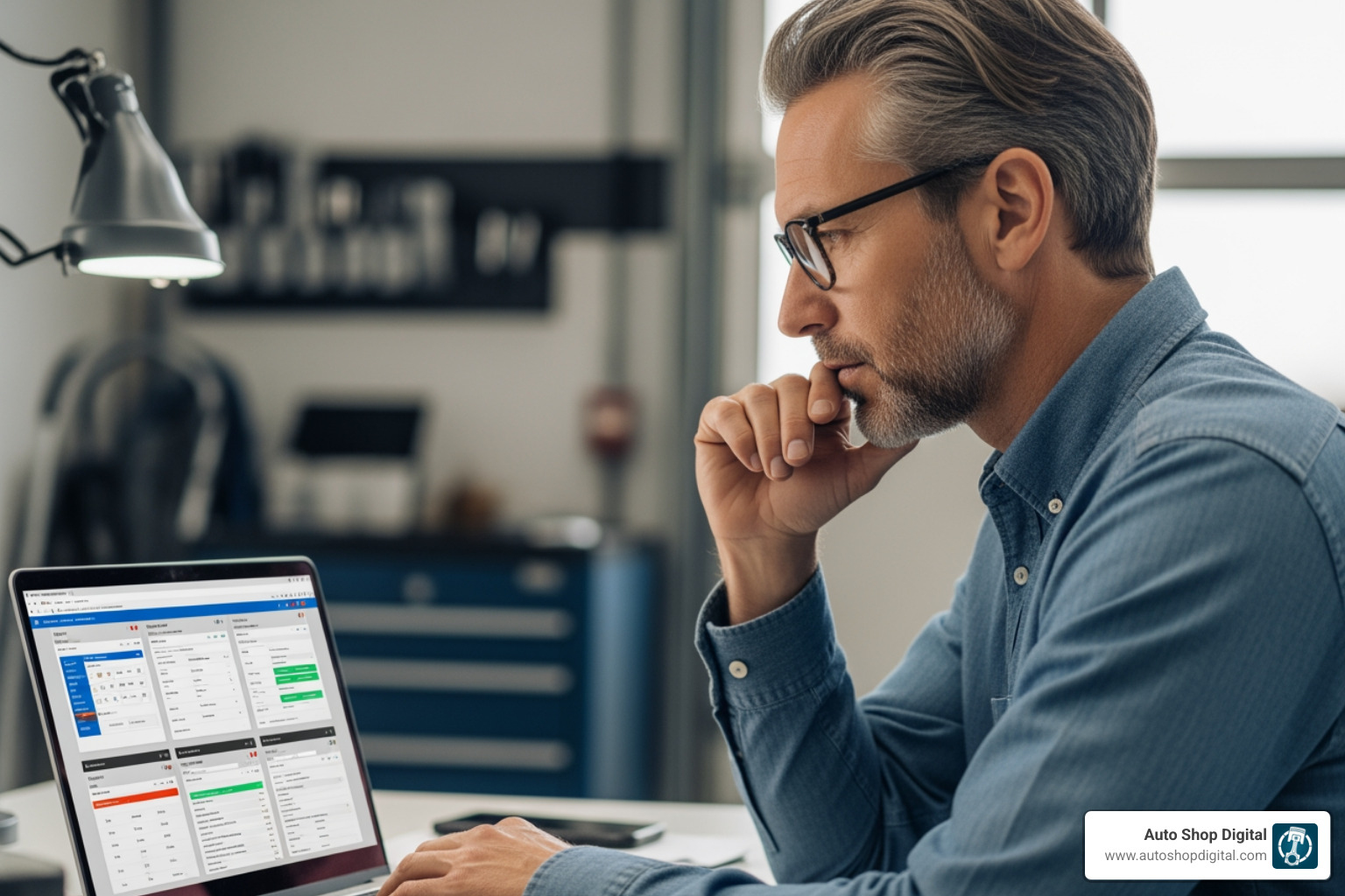 shop owner comparing software options on a laptop - automotive shop management software
