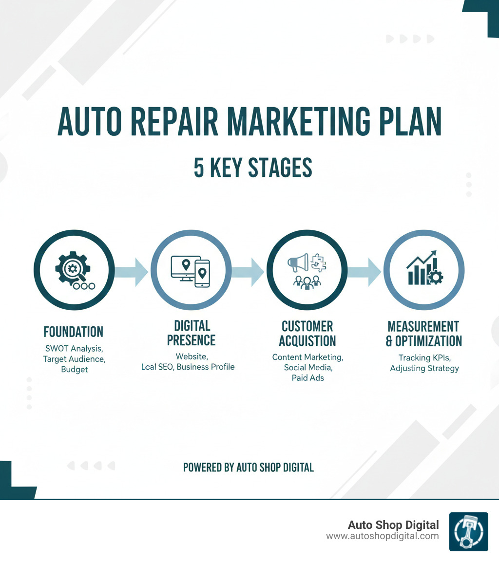 Infographic showing the 5 key stages of an auto repair marketing plan: 1) Foundation (SWOT analysis, target audience, budget), 2) Digital Presence (website, local SEO, Google Business Profile), 3) Customer Acquisition (content marketing, social media, paid ads), 4) Retention & Loyalty (reviews, referral programs, email/SMS), and 5) Measurement & Optimization (tracking KPIs, adjusting strategy) - auto repair marketing plan infographic 