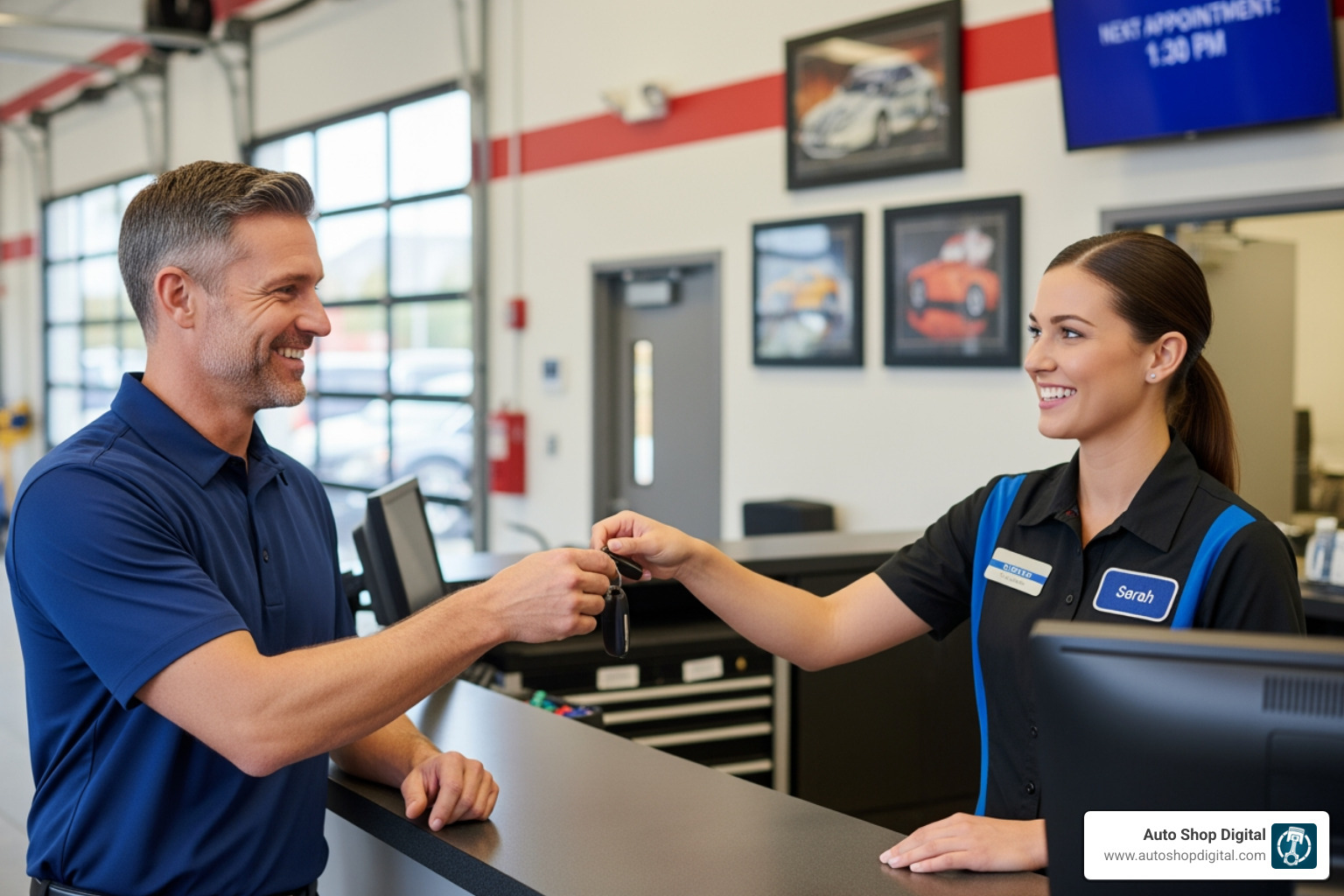 A customer happily receiving keys from a service advisor - auto repair marketing plan
