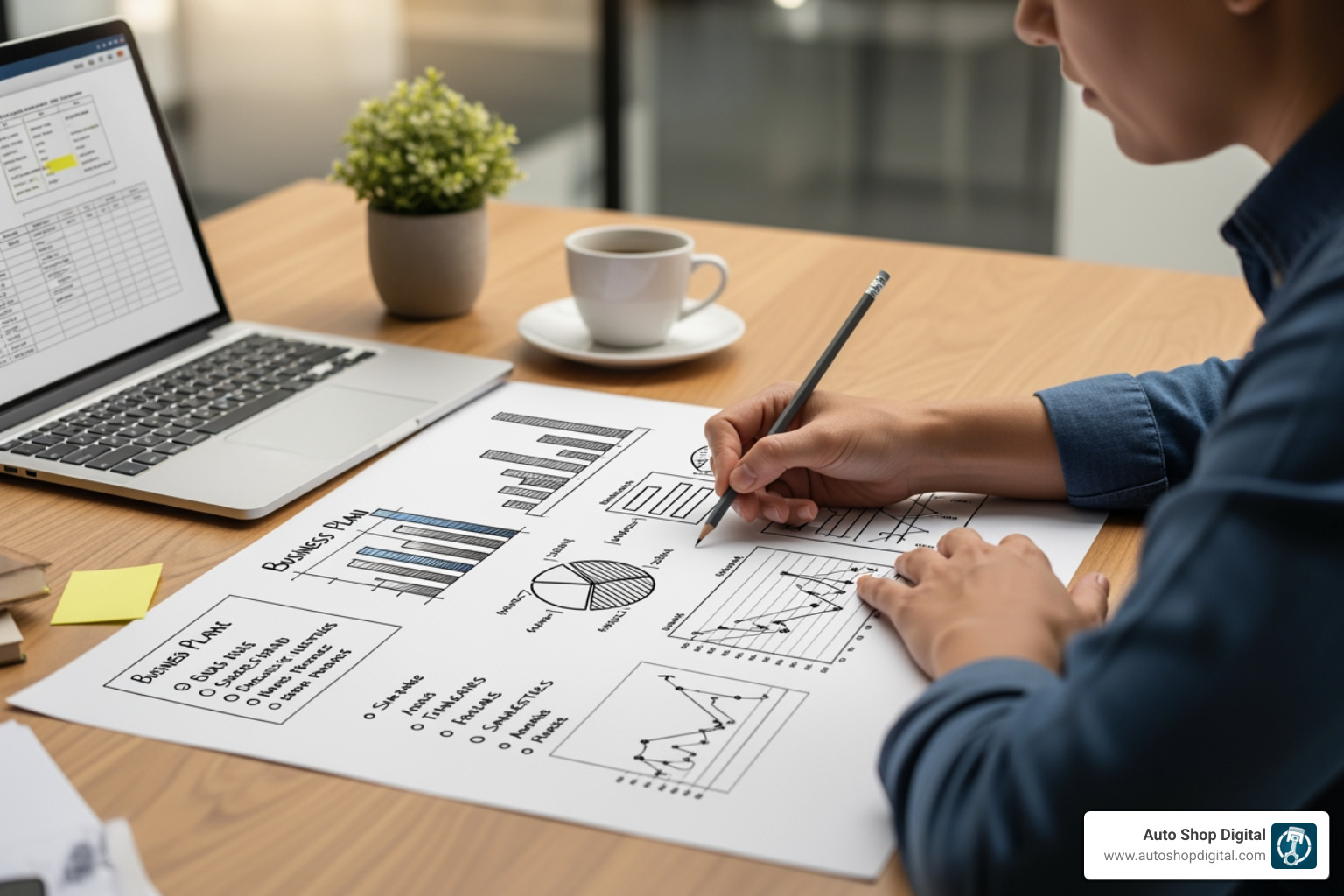 A person at a desk sketching out a plan with charts and graphs - auto repair marketing plan