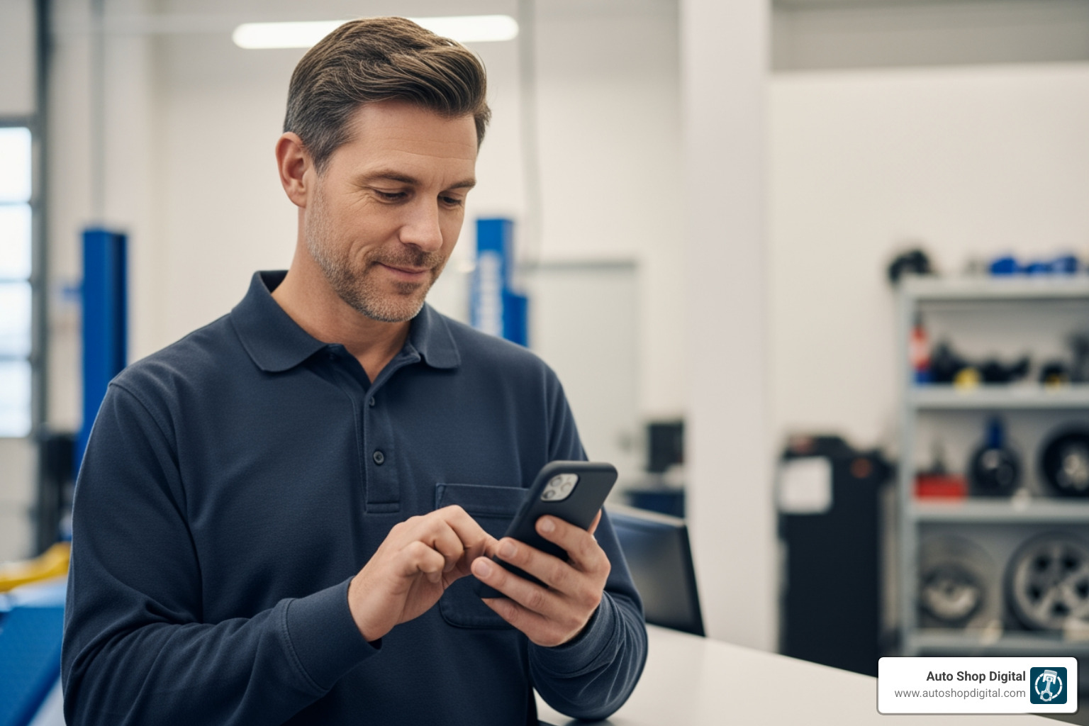 Shop owner responding to customer review on smartphone - auto repair online marketing Shop owner responding to customer review on smartphone - auto repair online marketing