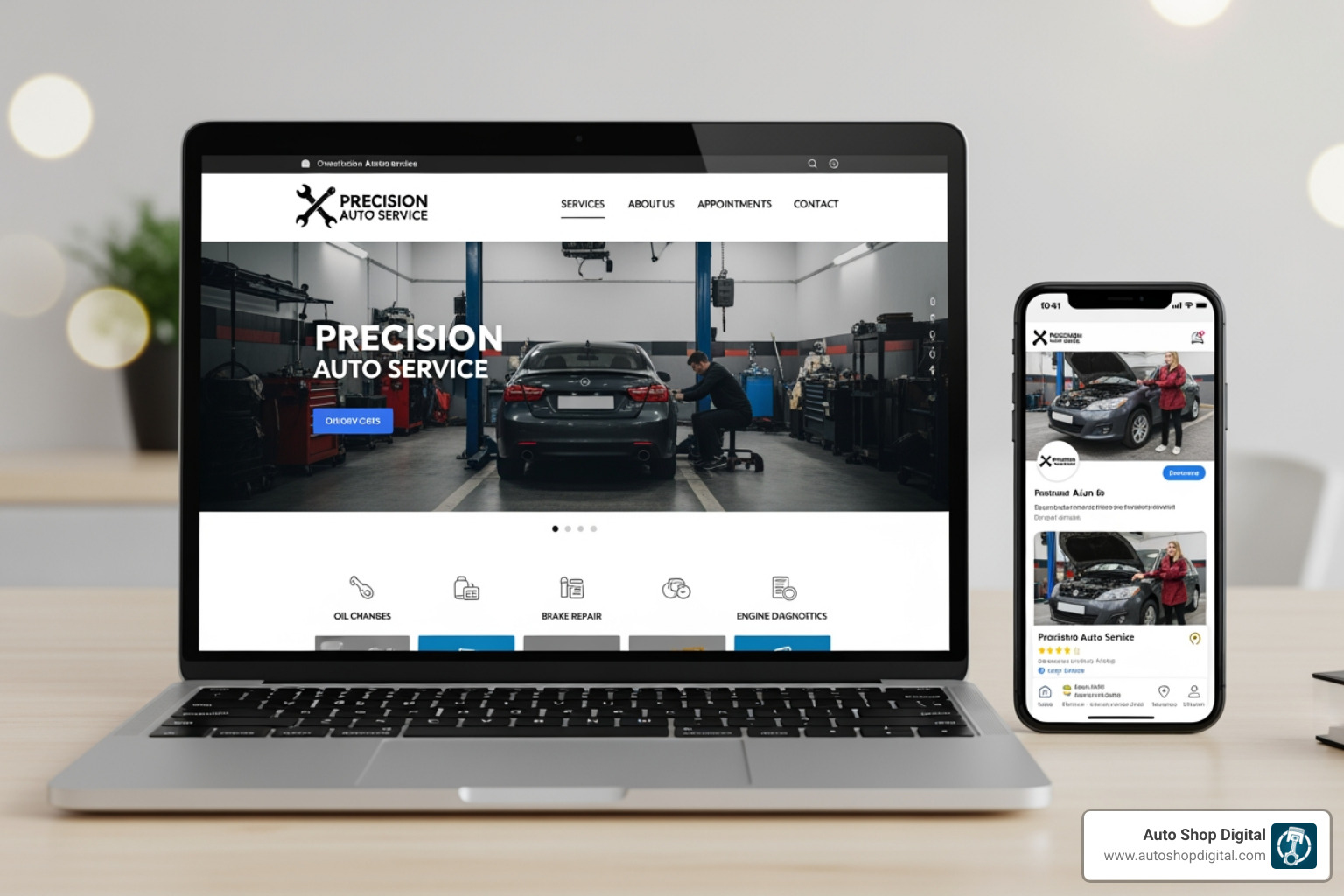 A laptop and phone displaying a shop's website, social media, and Google Maps listing - auto repair marketing plan