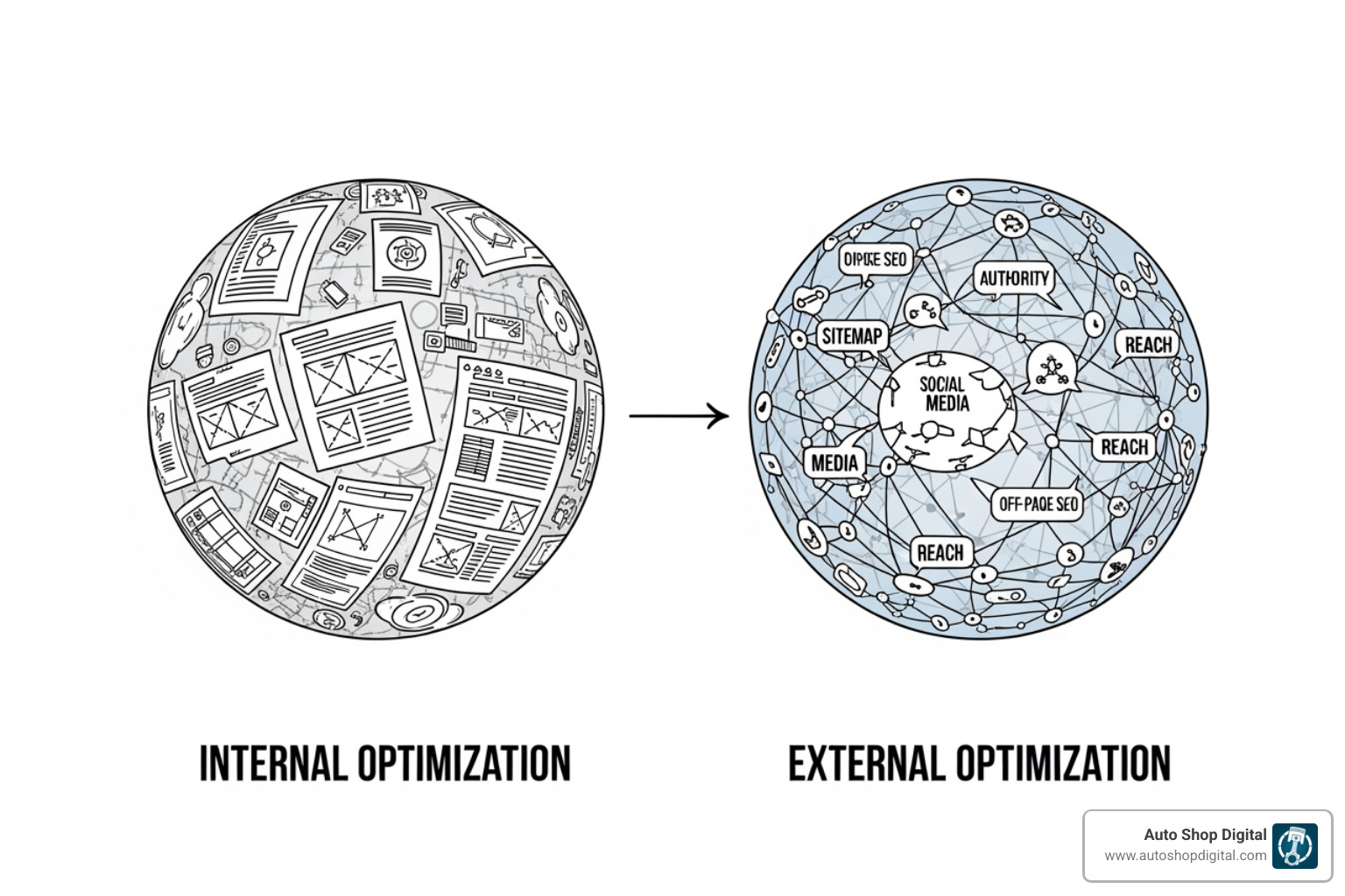 Image illustrating the difference between on-page and off-page SEO factors - seo for auto body shops