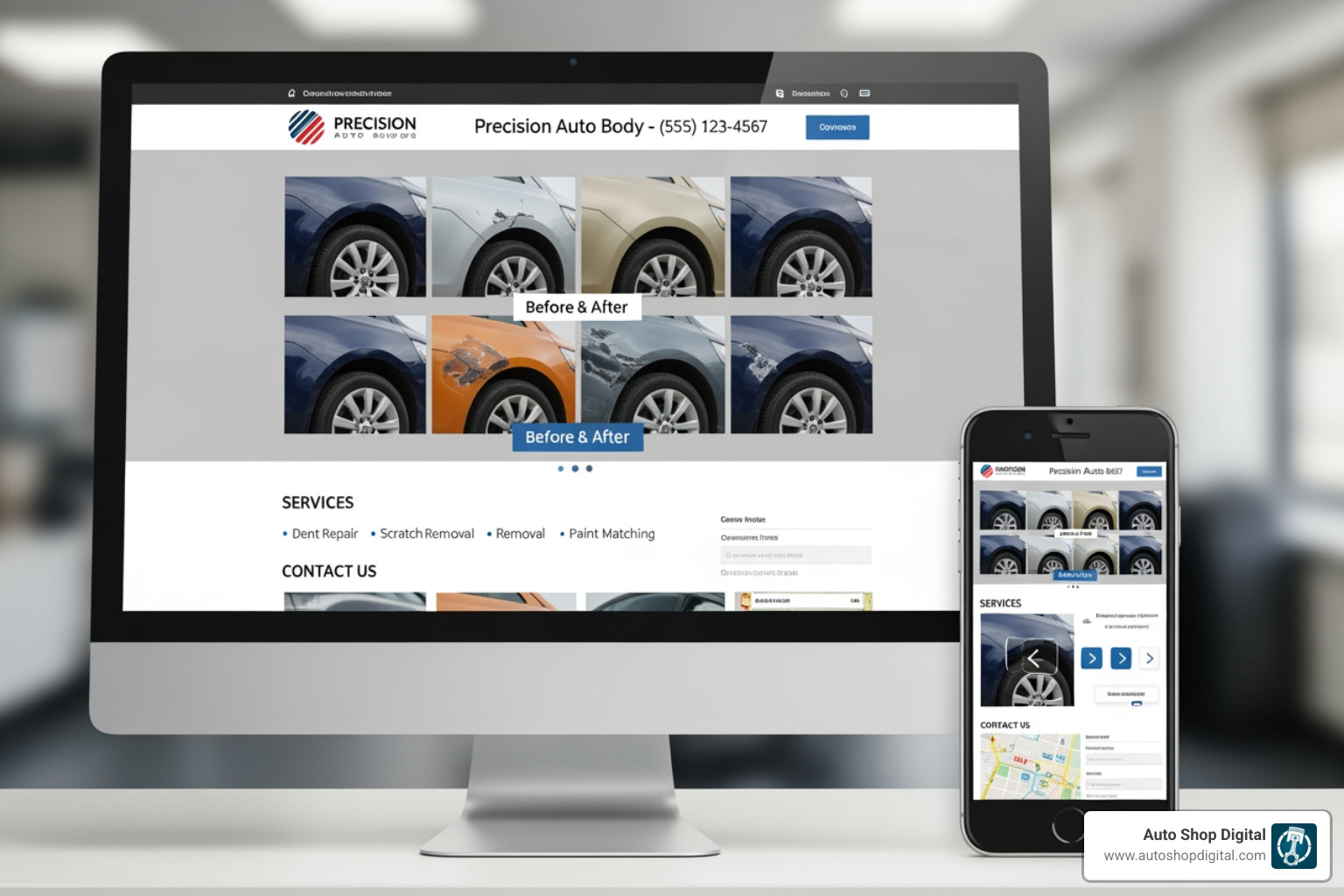 mobile phone and desktop computer showing a responsive auto body shop website - auto body shop advertising mobile phone and desktop computer showing a responsive auto body shop website - auto body shop advertising