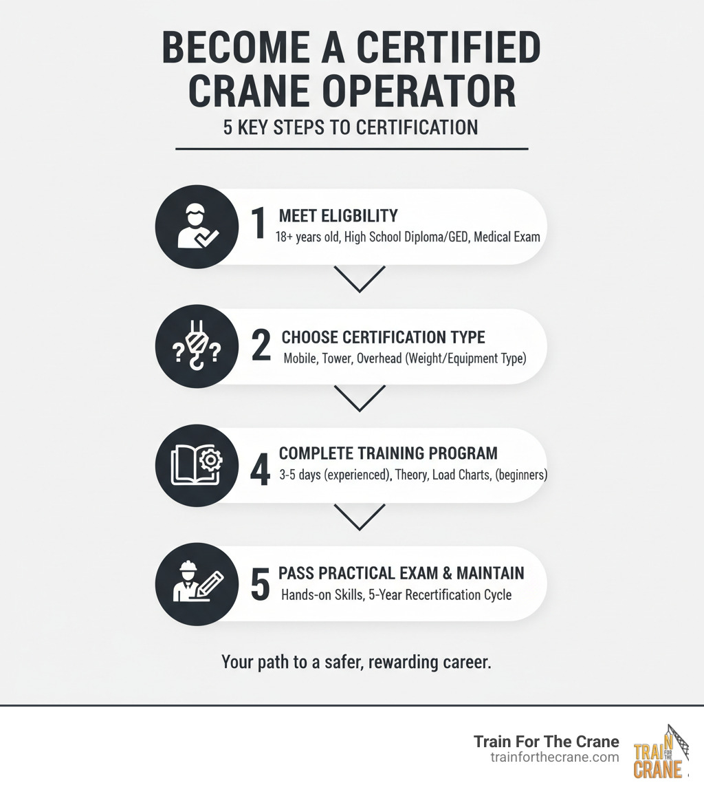 Infographic showing 5 key steps to becoming a certified crane operator: 1. Meet eligibility requirements (18+ years old, high school diploma/GED, pass medical exam). 2. Choose your certification type (mobile crane, tower crane, overhead crane based on weight capacity and equipment type). 3. Complete training program (3-5 days for experienced operators with 100+ hours, or multi-week program for beginners). 4. Pass NCCCO written exam (75% minimum score on theory, load charts, safety regulations). 5. Pass practical exam (demonstrate hands-on skills with certified examiner, then maintain certification through 5-year recertification cycle). - crane operator certification near me infographic 