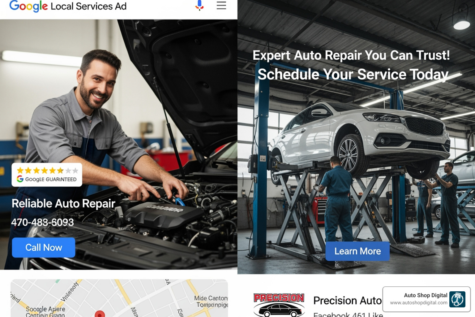 Google Local Services Ad next to a targeted Facebook ad - auto repair online marketing Google Local Services Ad next to a targeted Facebook ad - auto repair online marketing