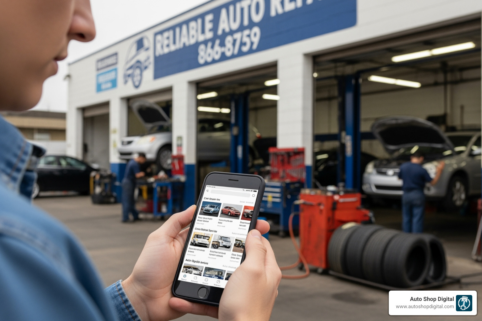 person searching for car repair near me on a smartphone - automotive seo services