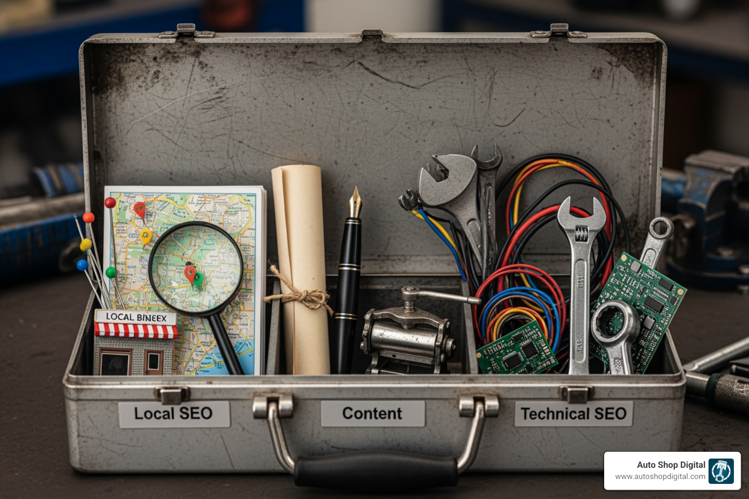 mechanic's toolbox with tools labeled Local SEO, Content, and Technical SEO - automotive seo services