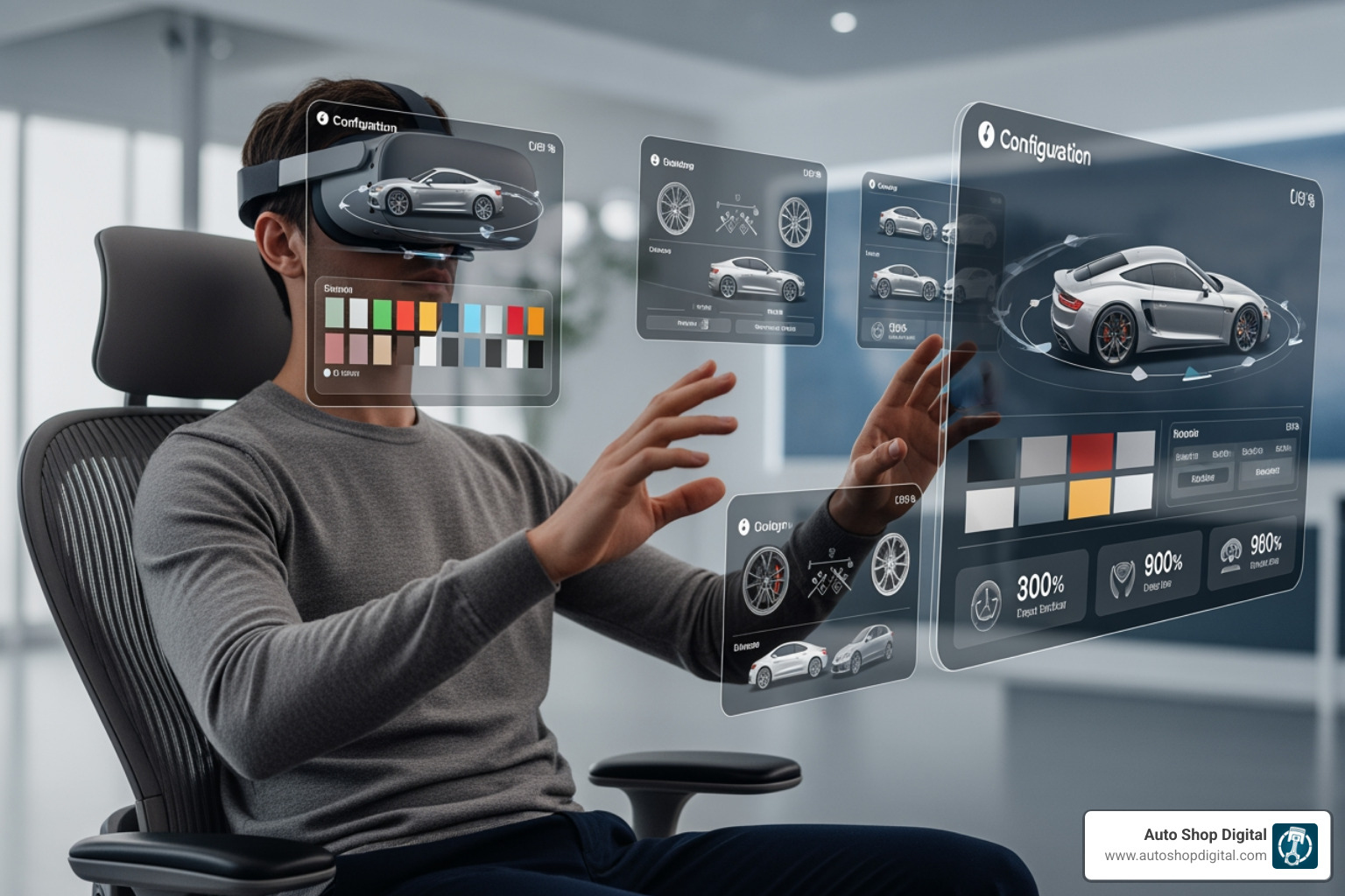 person using a VR headset to configure a car - Automotive content marketing