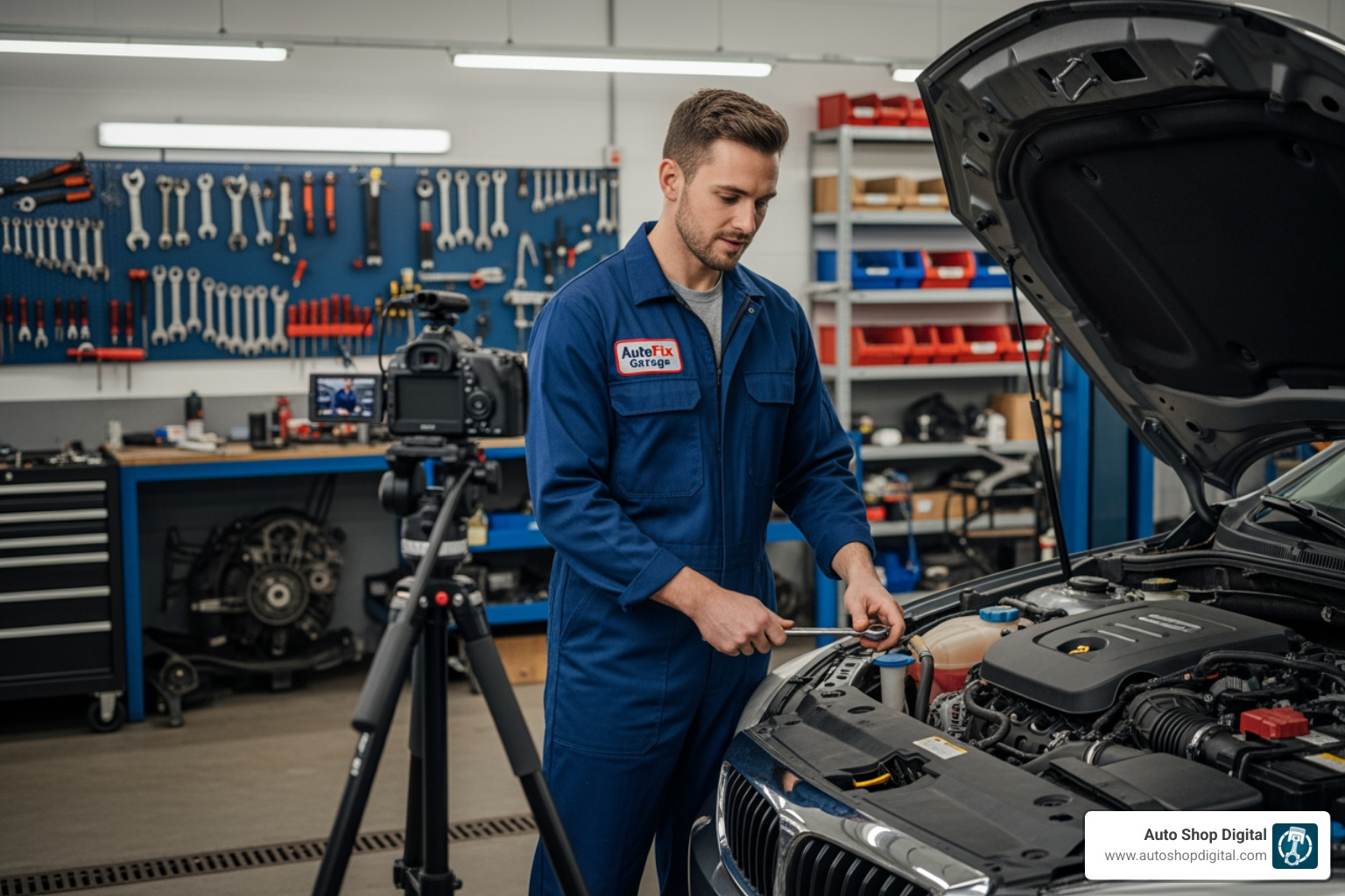 mechanic filming a how-to video for a YouTube channel - Automotive content marketing