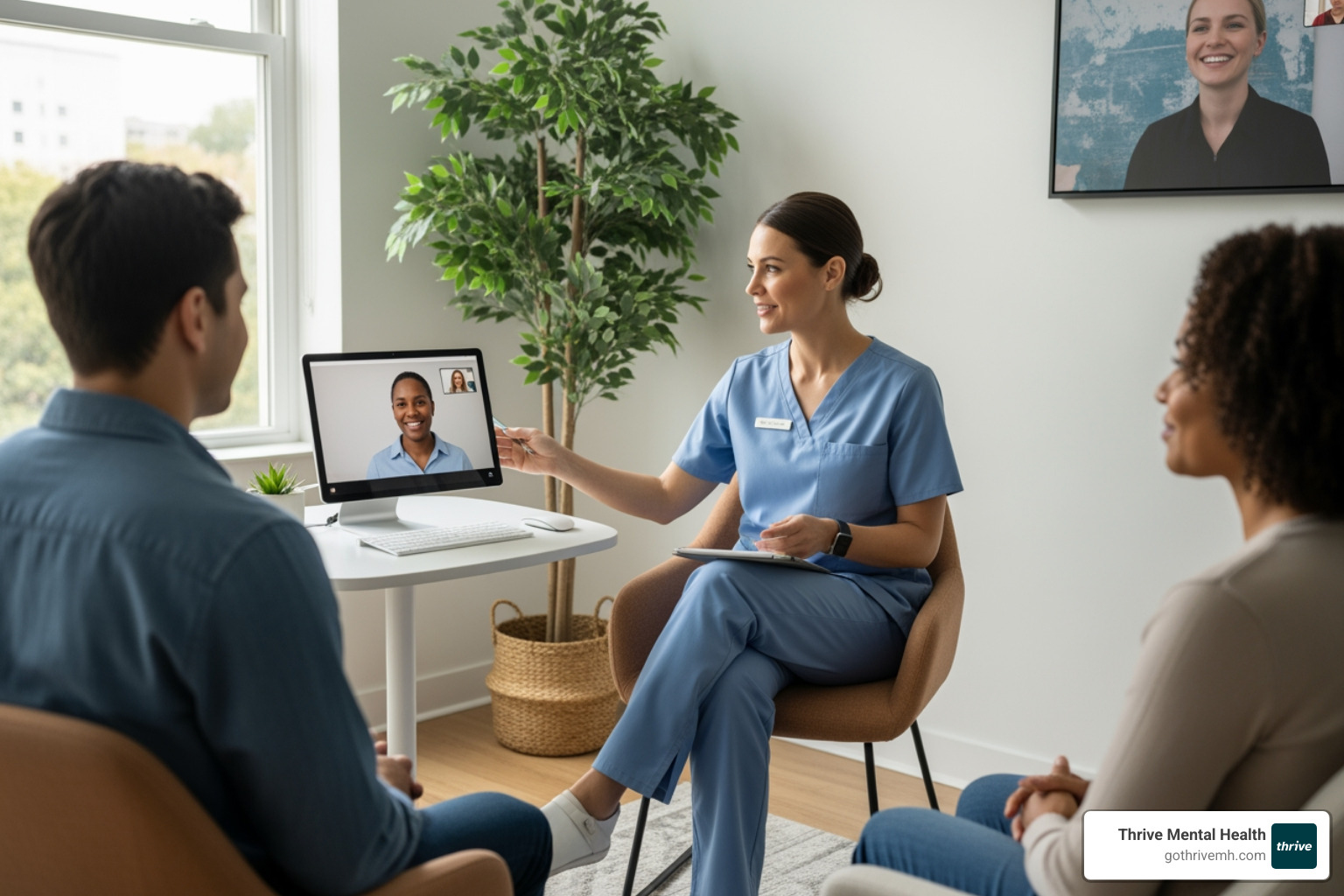 therapist and client in a hybrid therapy session, one in-person and one virtual - Therapy General