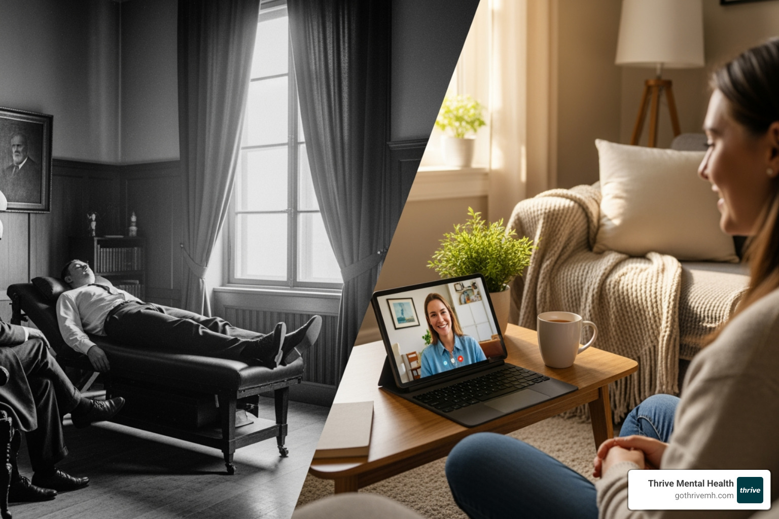 historical image of a patient on Freud's couch contrasted with a modern video call for teletherapy - Therapy General