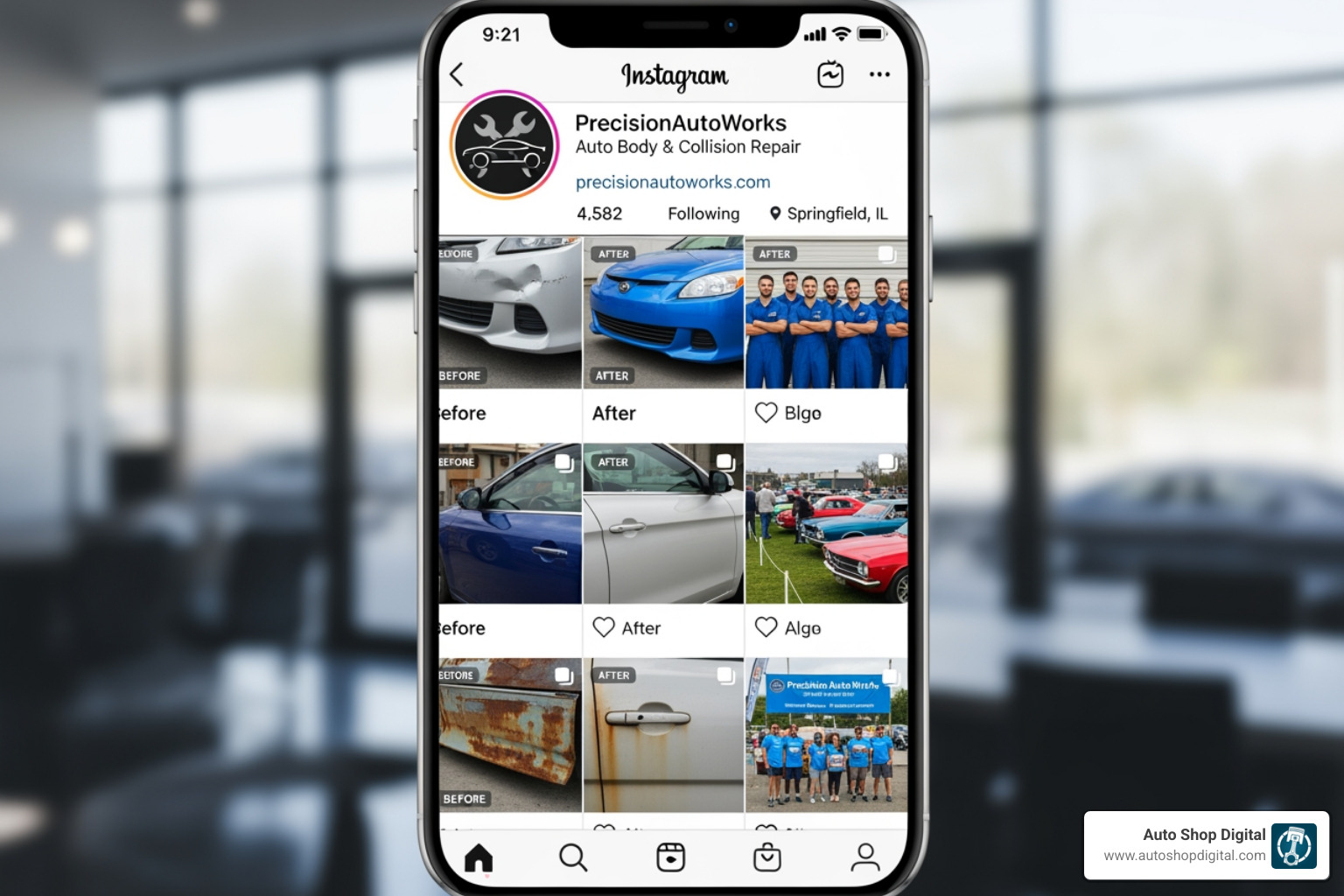 auto body shop instagram page showing before and after photos, team pictures, and community events - Auto body shop advertising