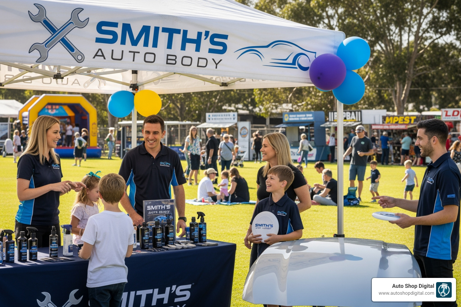 local community event sponsored by an auto body shop - Auto body shop advertising