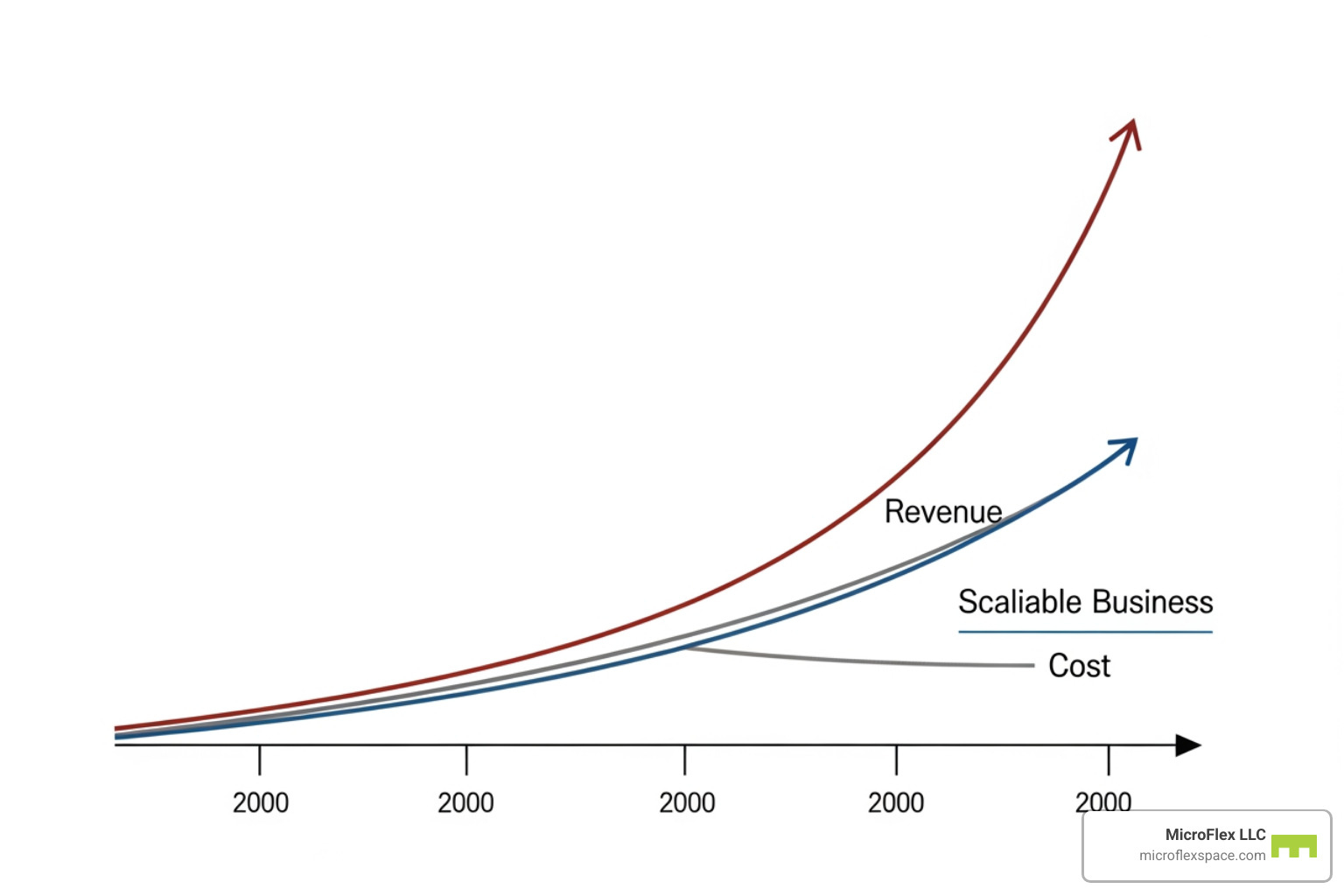 A diagram showing revenue growth far exceeding cost growth over time, illustrating a scalable business model - Scalable business solutions