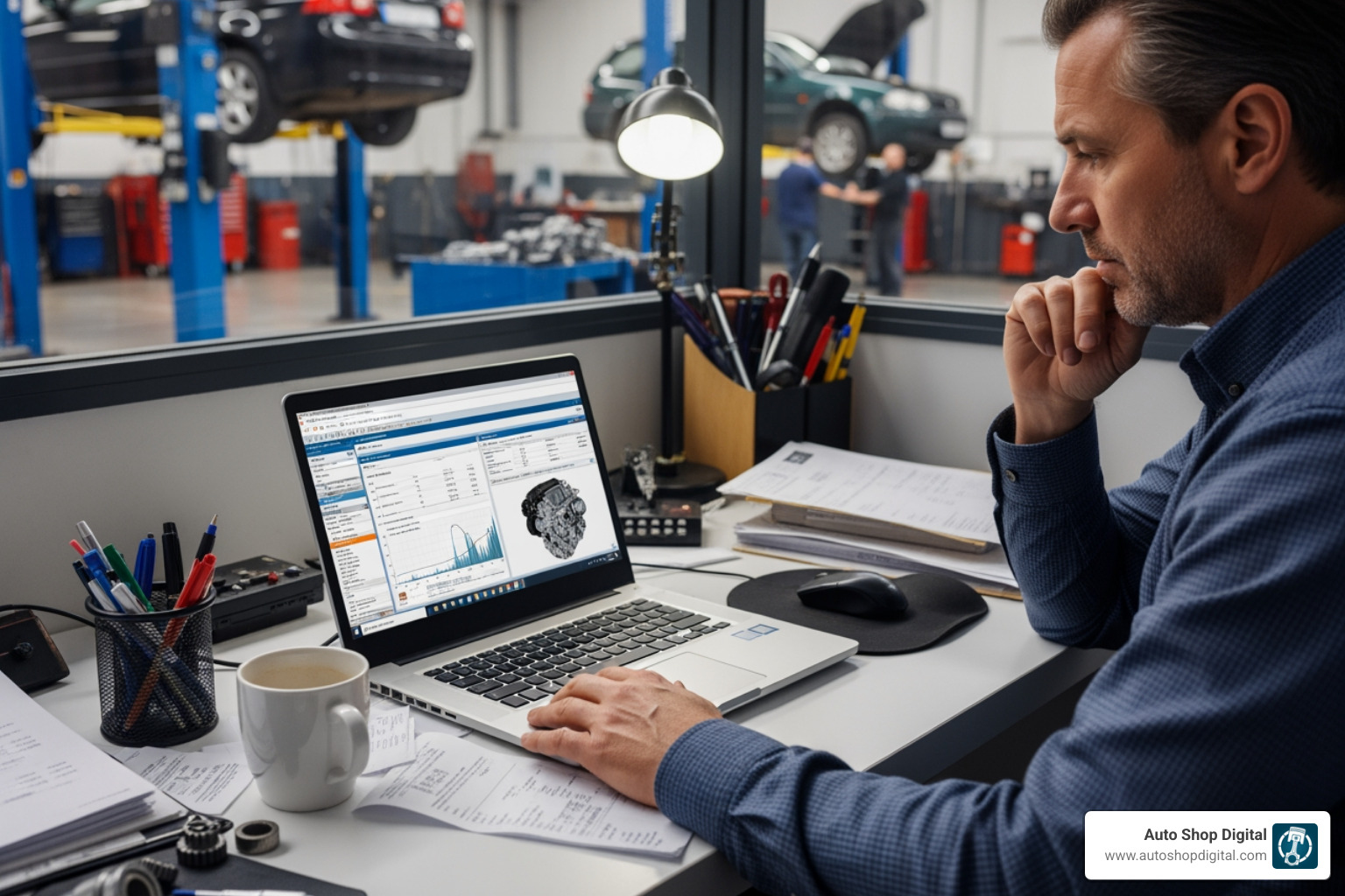 shop owner evaluating software options on a computer - automotive POS software
