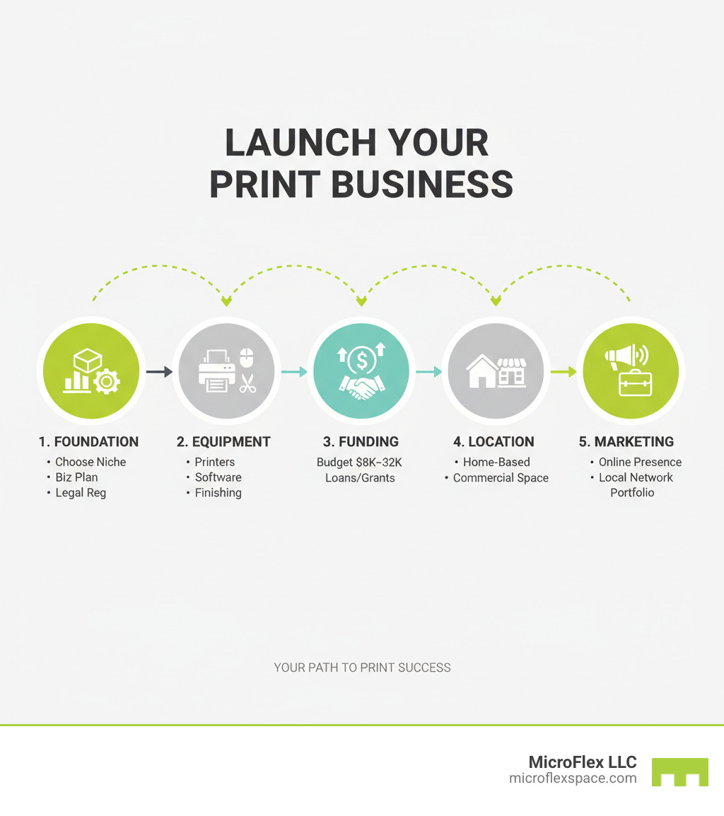 Infographic showing the 5 key steps to start a printing business: 1. Foundation (Choose niche, create business plan, register legally), 2. Equipment (Printers, software, finishing tools), 3. Funding (Budget $8K-$32K, explore loans and grants), 4. Location (Start home-based or choose commercial space), 5. Marketing (Build online presence, network locally, showcase portfolio) - Start printing business infographic Infographic showing the 5 key steps to start a printing business: 1. Foundation (Choose niche, create business plan, register legally), 2. Equipment (Printers, software, finishing tools), 3. Funding (Budget $8K-$32K, explore loans and grants), 4. Location (Start home-based or choose commercial space), 5. Marketing (Build online presence, network locally, showcase portfolio) - Start printing business infographic