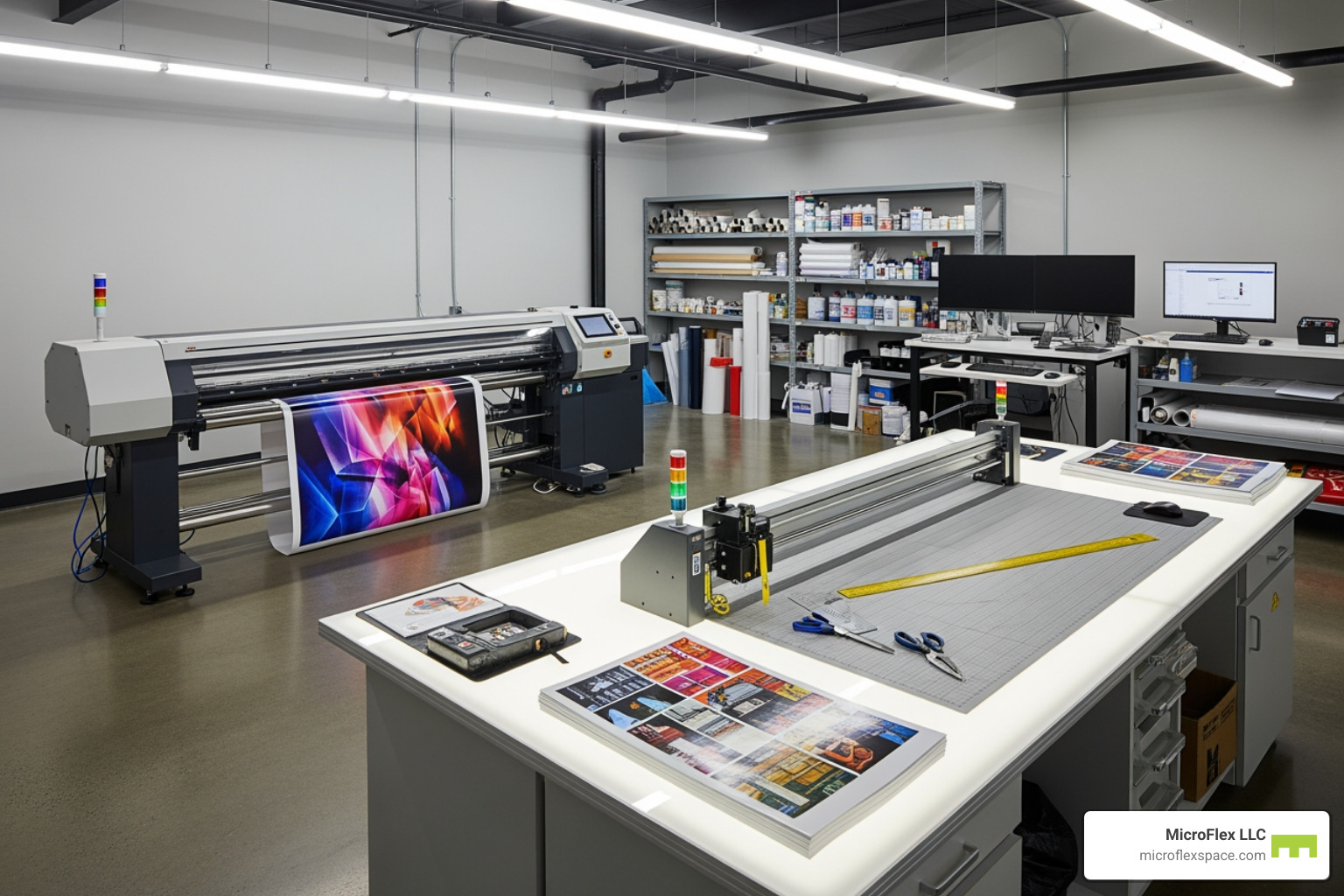 professional printing business interior, clean and organized with large format printer and cutting station - Start printing business professional printing business interior, clean and organized with large format printer and cutting station - Start printing business