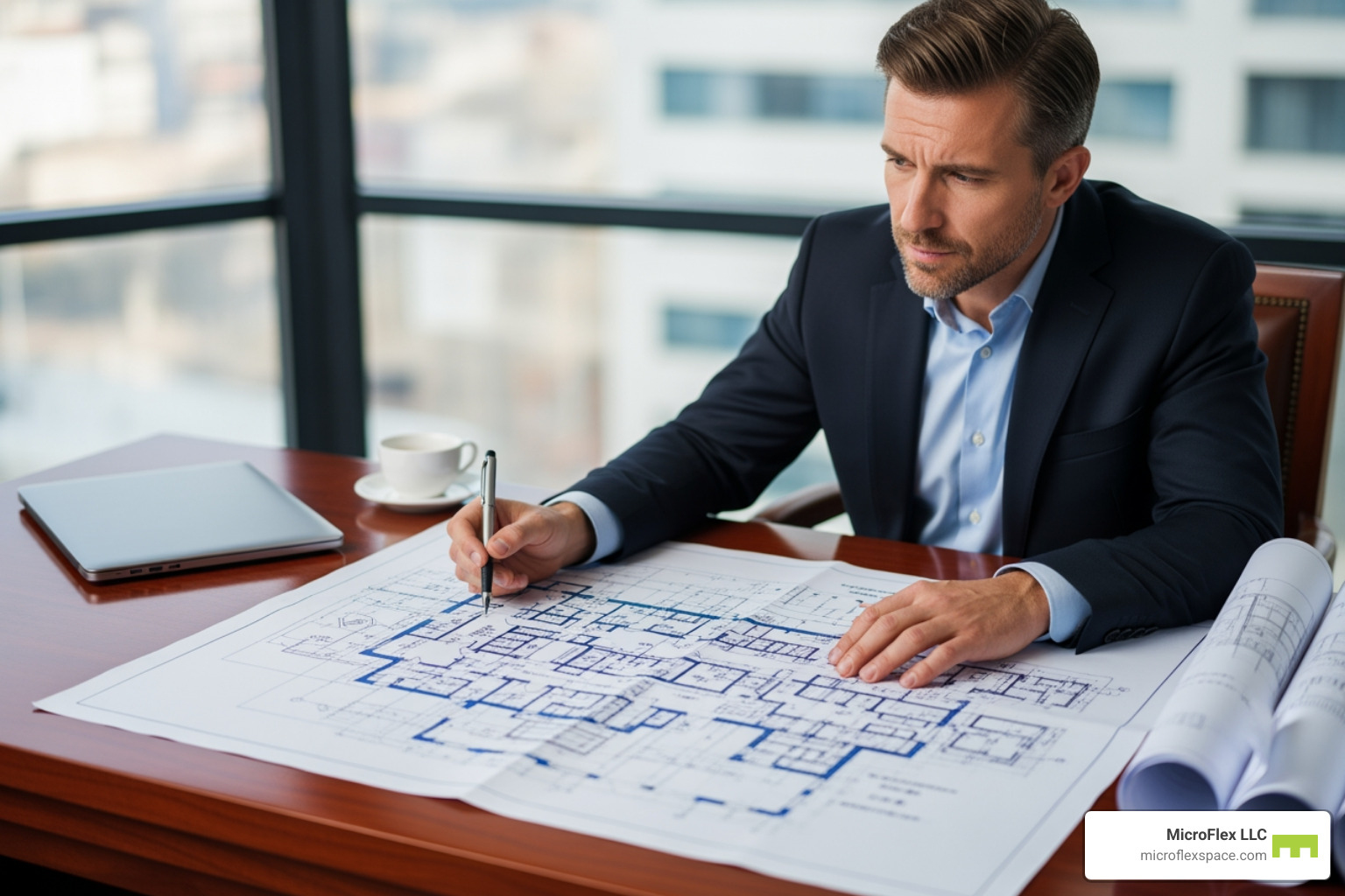 business owner reviewing a floor plan - commercial space in hoover for lease