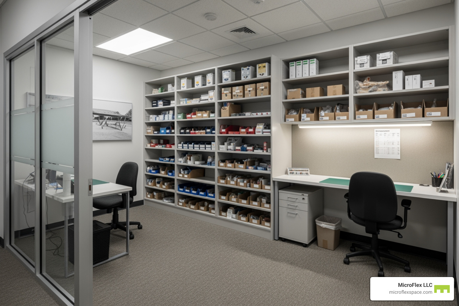 Versatile MicroFlex space configured with a small office area, shelving for inventory, and a workspace - commercial real estate Birmingham Versatile MicroFlex space configured with a small office area, shelving for inventory, and a workspace - commercial real estate Birmingham