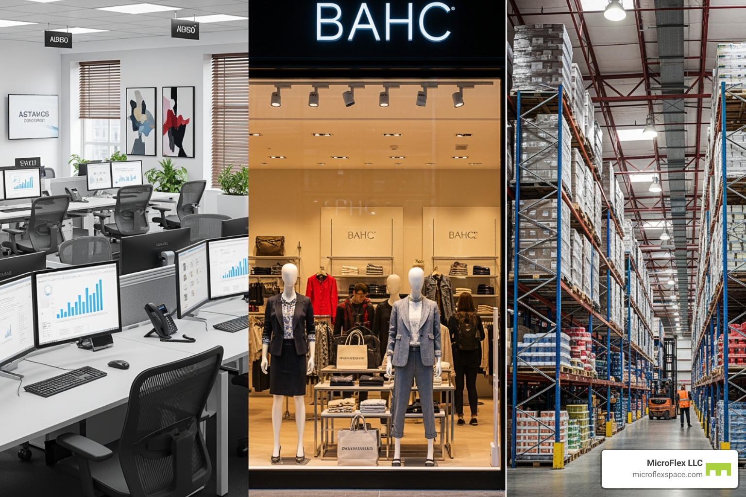 Collage showing the interior of a modern office, a retail storefront, and a warehouse - commercial real estate Birmingham Collage showing the interior of a modern office, a retail storefront, and a warehouse - commercial real estate Birmingham