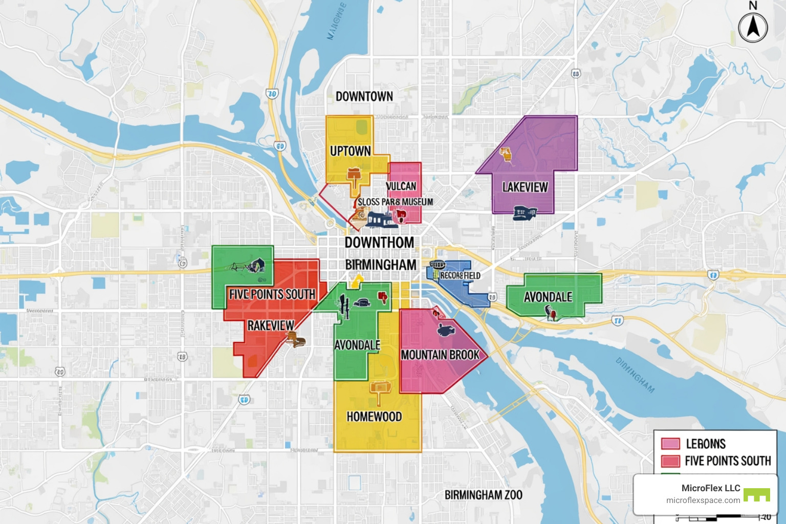 Map of Birmingham highlighting key commercial neighborhoods - commercial real estate Birmingham Map of Birmingham highlighting key commercial neighborhoods - commercial real estate Birmingham