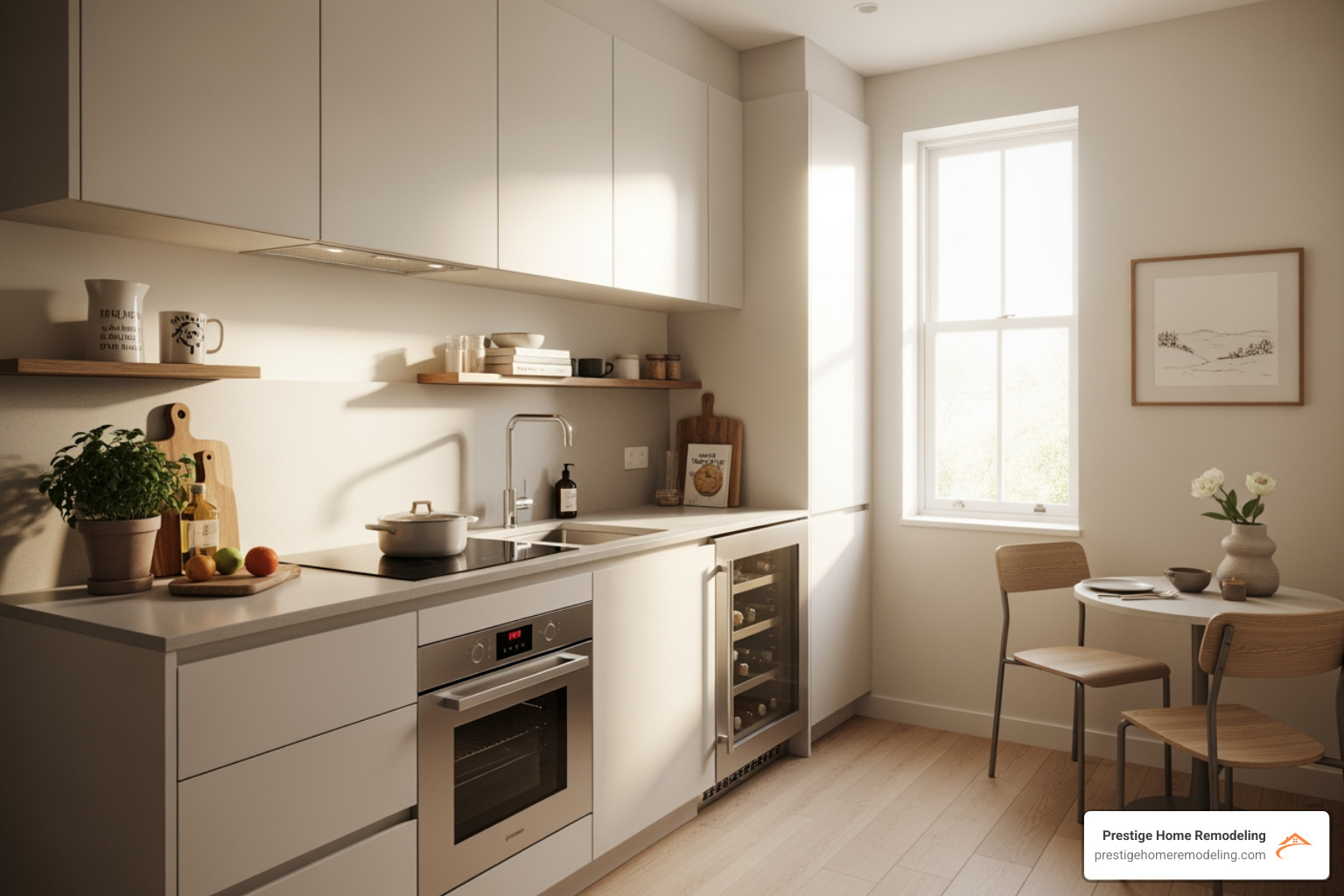 small kitchen with compact, integrated appliances and personalized decor - small kitchen design ideas