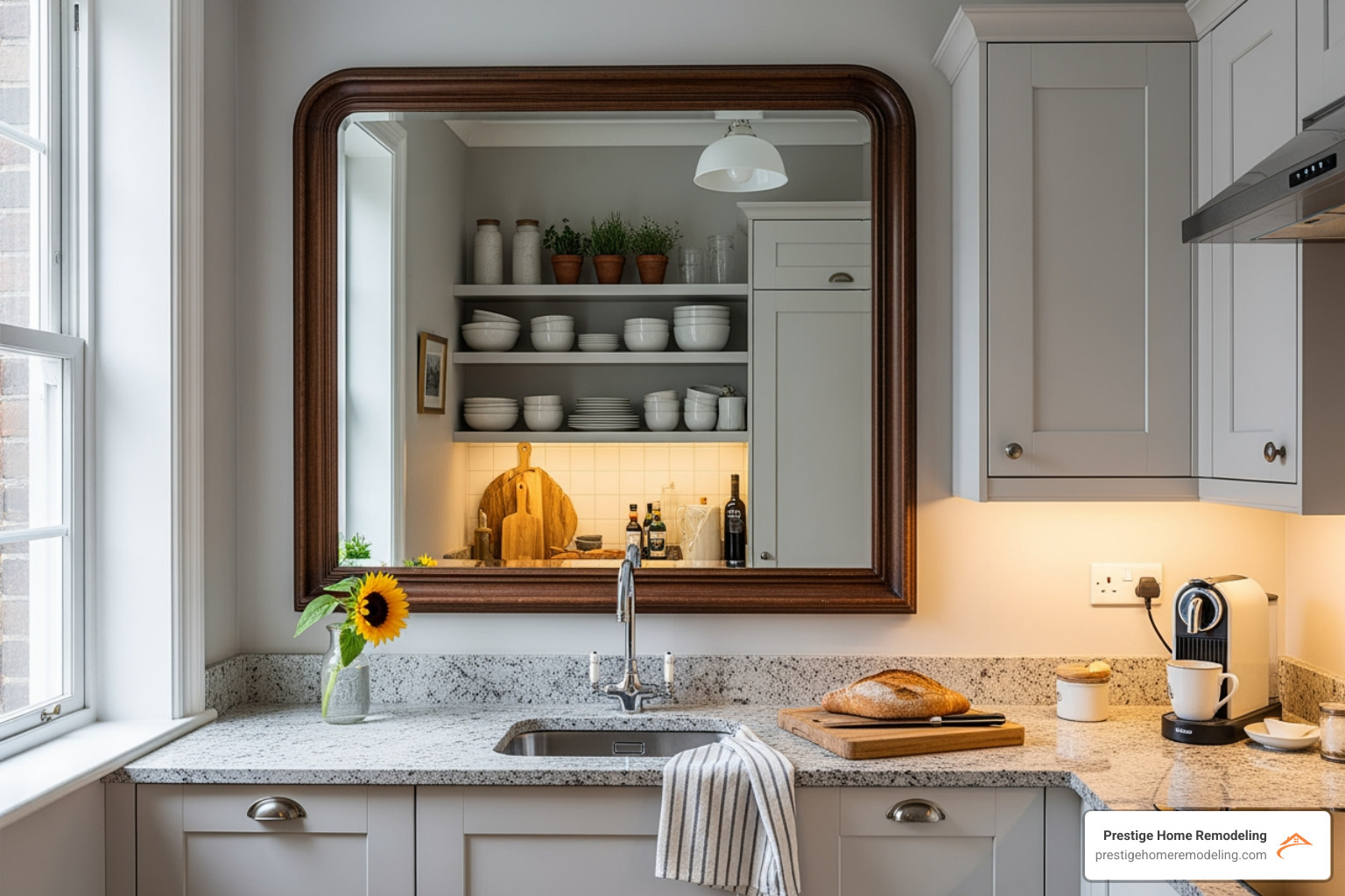 small kitchen with a large mirror and excellent under-cabinet lighting - small kitchen design ideas