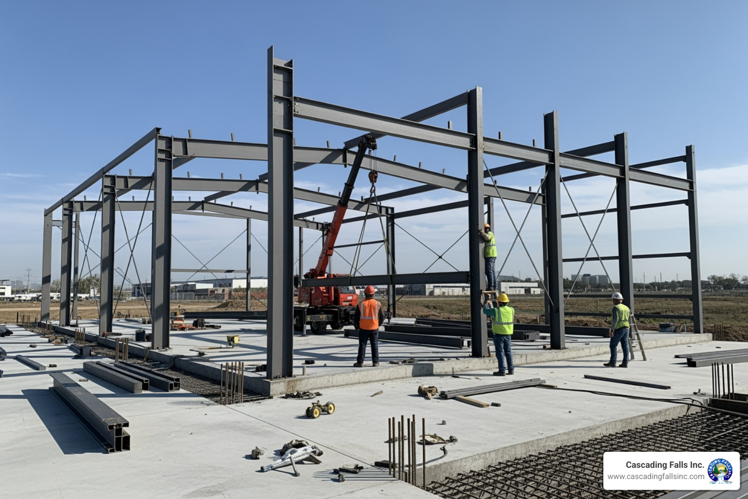 steel building frame being erected on a concrete slab with a small crew - commercial metal buildings