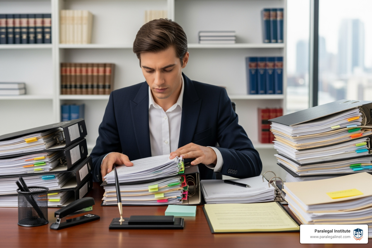 A paralegal carefully organizing case files and legal documents on a desk, demonstrating attention to detail and organizational skills. - Paralegal program reviews