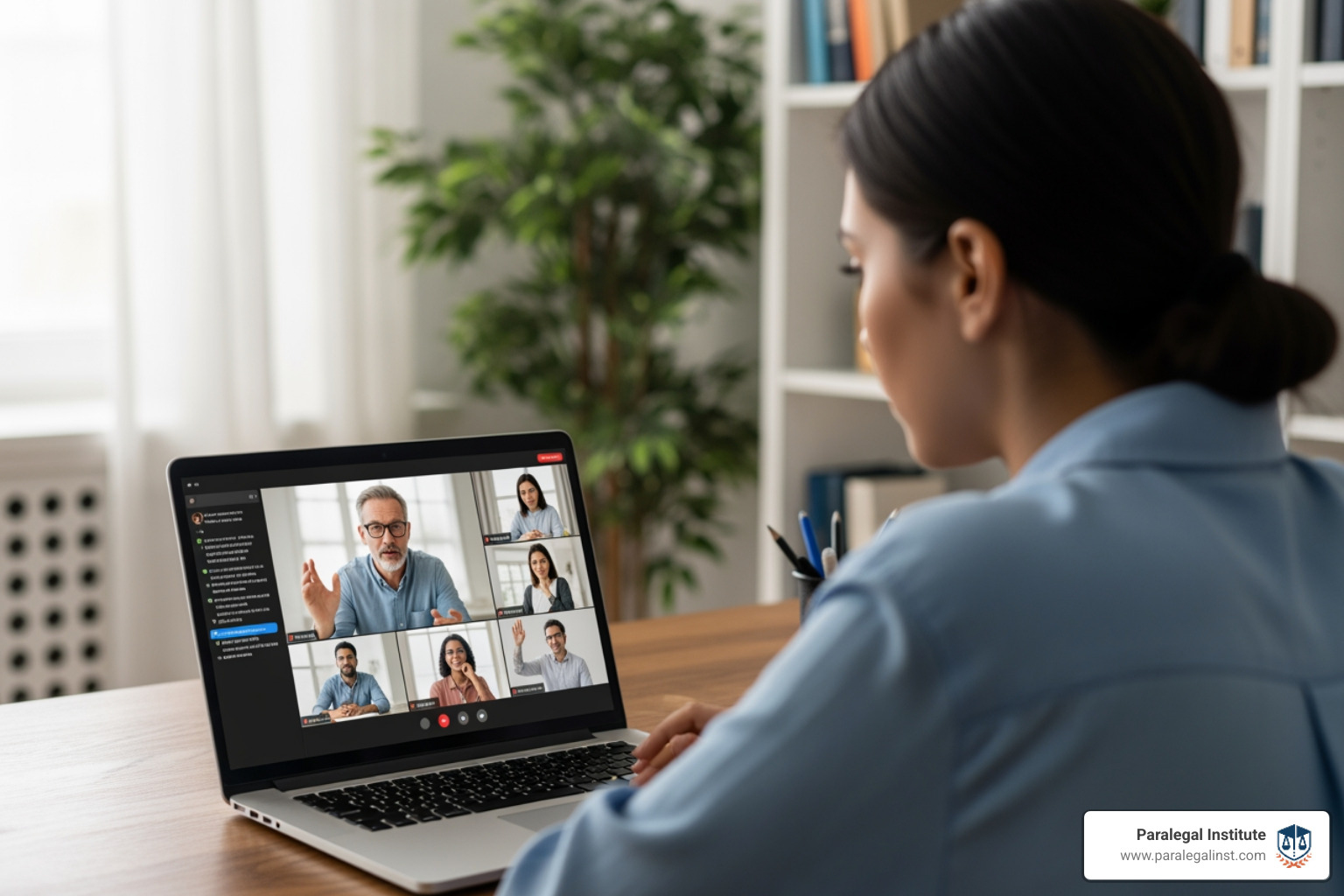 A student engaging with an instructor during a live online class, with other participants visible in small video frames. - Paralegal program reviews