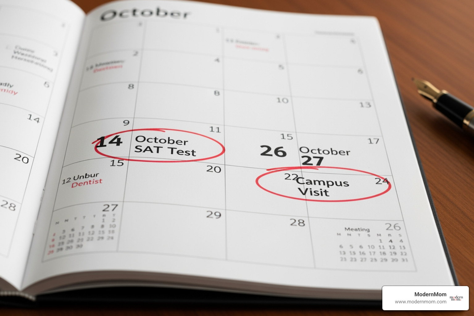 calendar with "SAT Test" and "Campus Visit" circled - College application fees