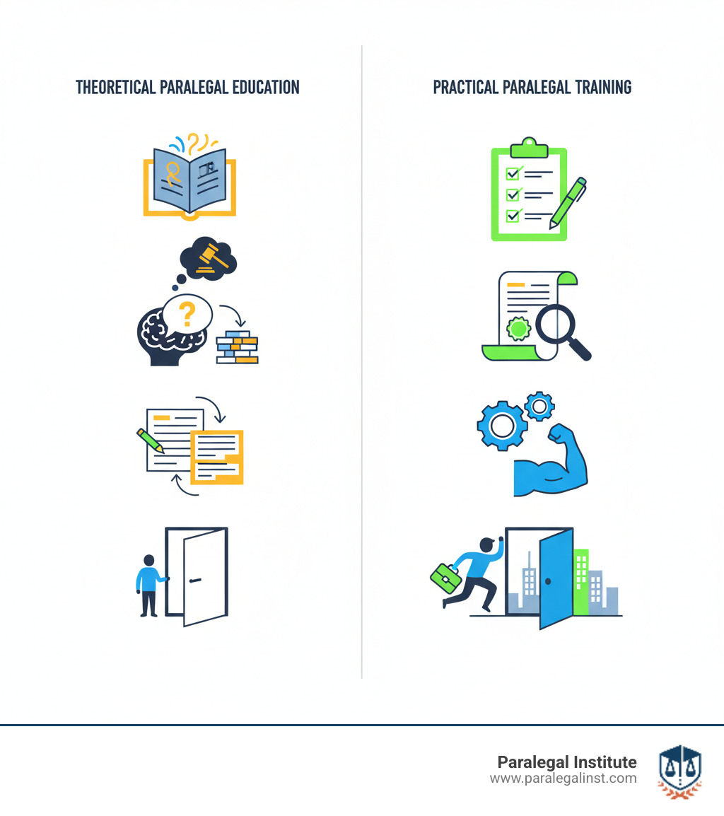 Infographic comparing theoretical paralegal education (textbooks, generic legal concepts, memorization-based learning, limited job readiness) versus practical paralegal training (hands-on casework, real-world legal documents, skill-based learning, immediate career readiness) - Paralegal program reviews infographic 
