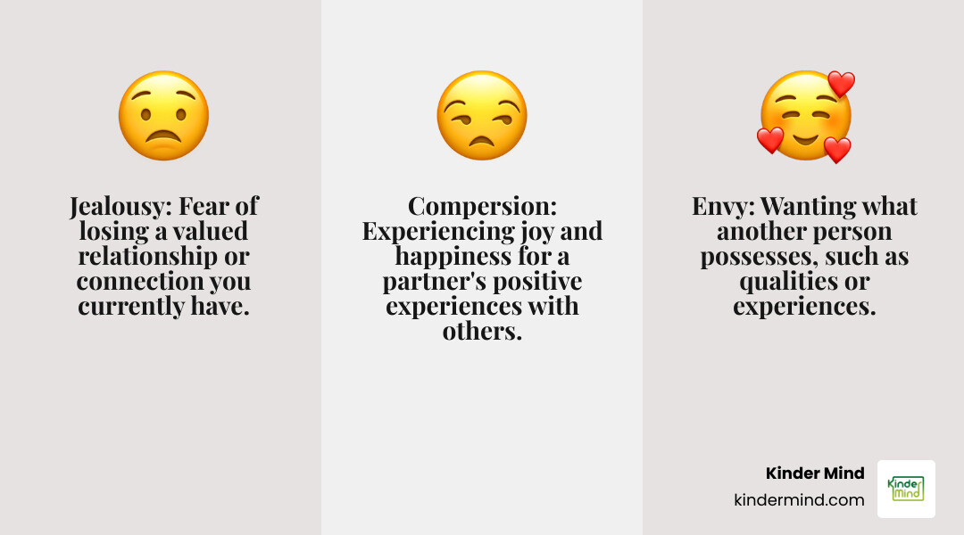 Infographic showing three key emotions in polyamory: jealousy defined as fear of losing something you have with a three-person triangle dynamic, envy defined as wanting what someone else has with a two-person dynamic, and compersion defined as joy in a partner's happiness with others shown as overlapping hearts - Polyamory and jealousy infographic 3_facts_emoji_grey