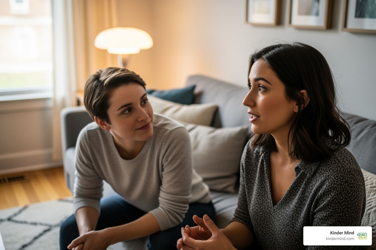 Two people having a calm, supportive conversation on a couch - Polyamory and jealousy