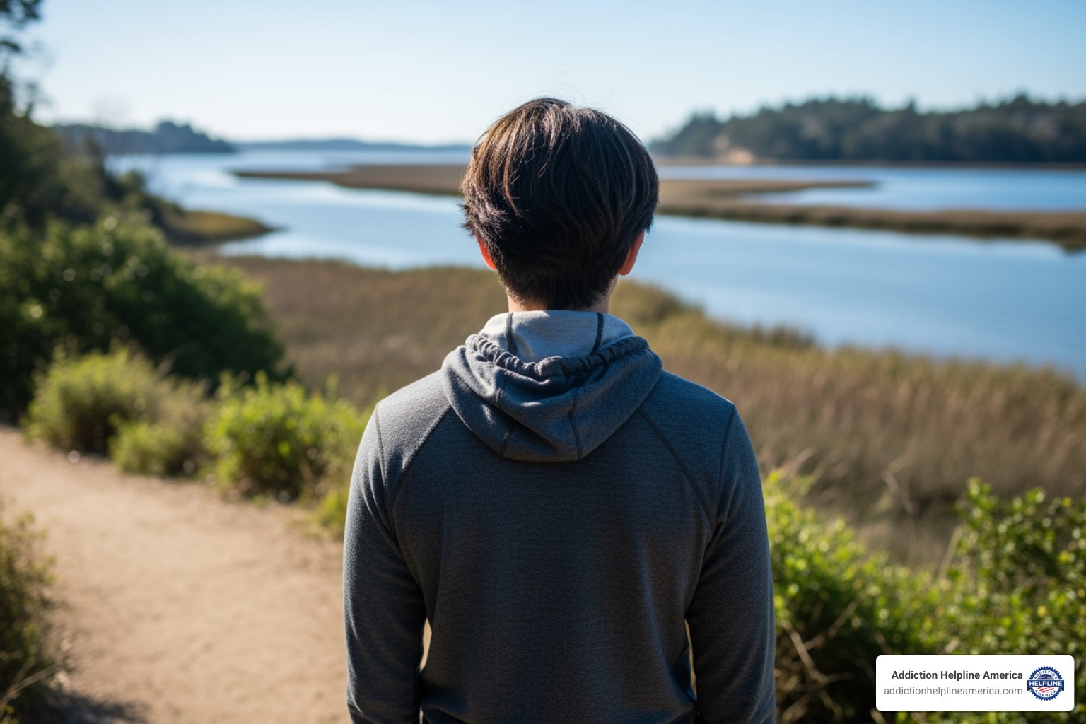 Image of a person looking out over the Newport Back Bay from a trail - drug and alcohol rehab in costa mesa Image of a person looking out over the Newport Back Bay from a trail - drug and alcohol rehab in costa mesa