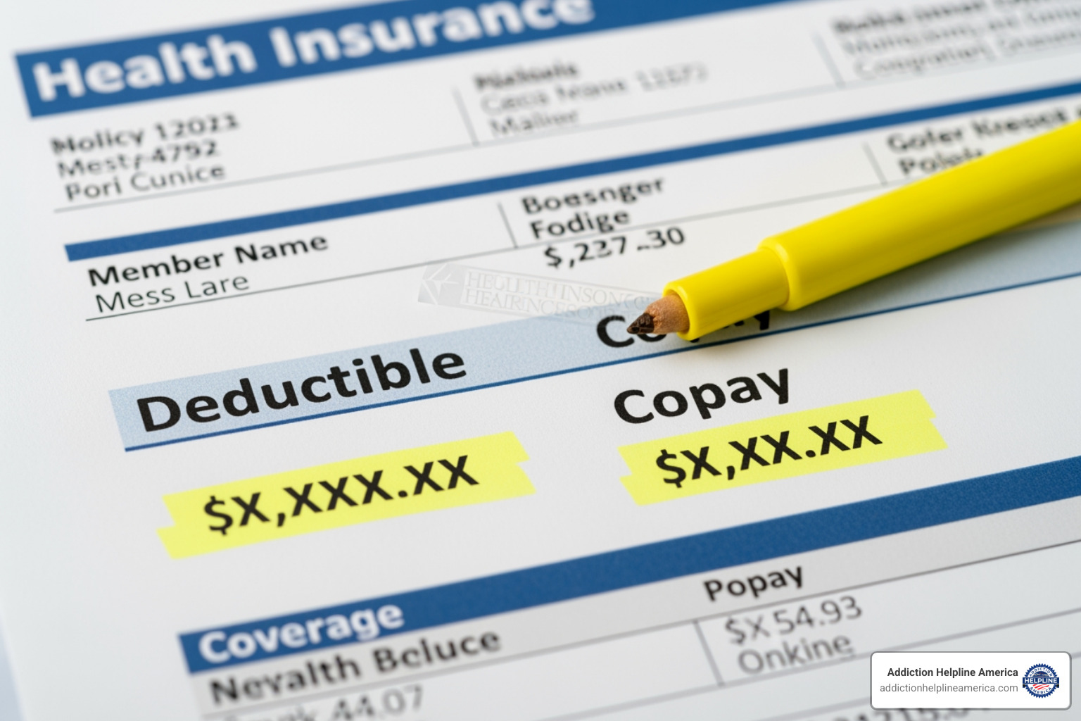 document highlighting terms like 'Deductible' and 'Copay' - Does my insurance cover