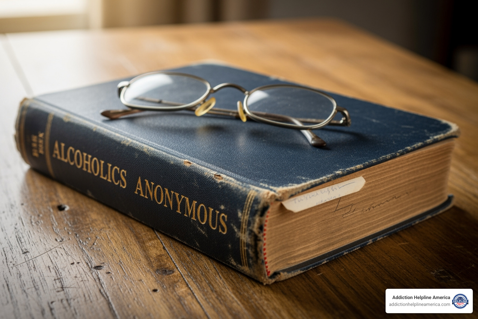 An old, worn copy of the "Big Book" of Alcoholics Anonymous resting on a table - 12 step program support An old, worn copy of the "Big Book" of Alcoholics Anonymous resting on a table - 12 step program support