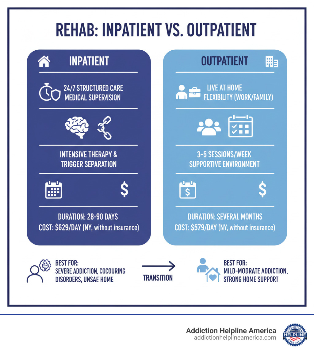 Infographic comparing inpatient and outpatient rehab: Inpatient provides 24/7 structured care in a residential setting with intensive therapy, medical supervision, and complete separation from triggers, typically lasting 28-90 days and costing $629 per day without insurance in New York. Outpatient allows living at home while attending treatment sessions 3-5 times per week with more flexibility for work and family, typically lasting several months and costing $57 per day without insurance in New York. Inpatient is best for severe addiction, co-occurring disorders, or unsafe home environments. Outpatient works for mild to moderate addiction with strong home support and stable living situations. - Rehab near me infographic 