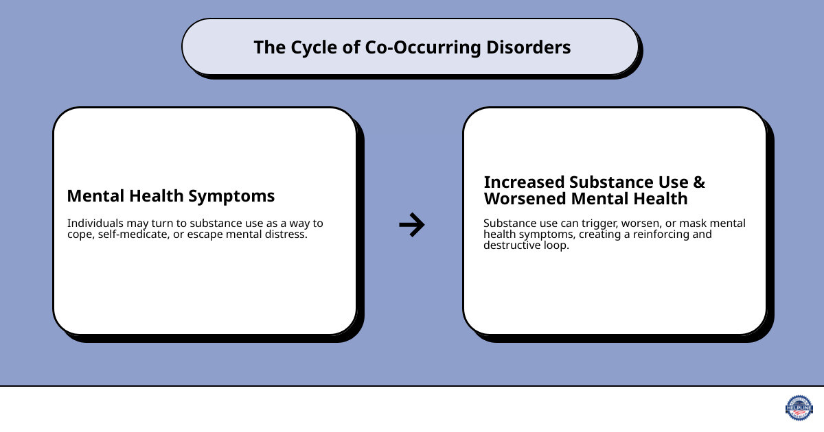 infographic showing the cycle of mental health symptoms leading to substance use, which worsens mental health, creating a reinforcing loop, with treatment breaking the cycle - mental health and substance abuse treatment infographic cause_effect_text infographic showing the cycle of mental health symptoms leading to substance use, which worsens mental health, creating a reinforcing loop, with treatment breaking the cycle - mental health and substance abuse treatment infographic cause_effect_text
