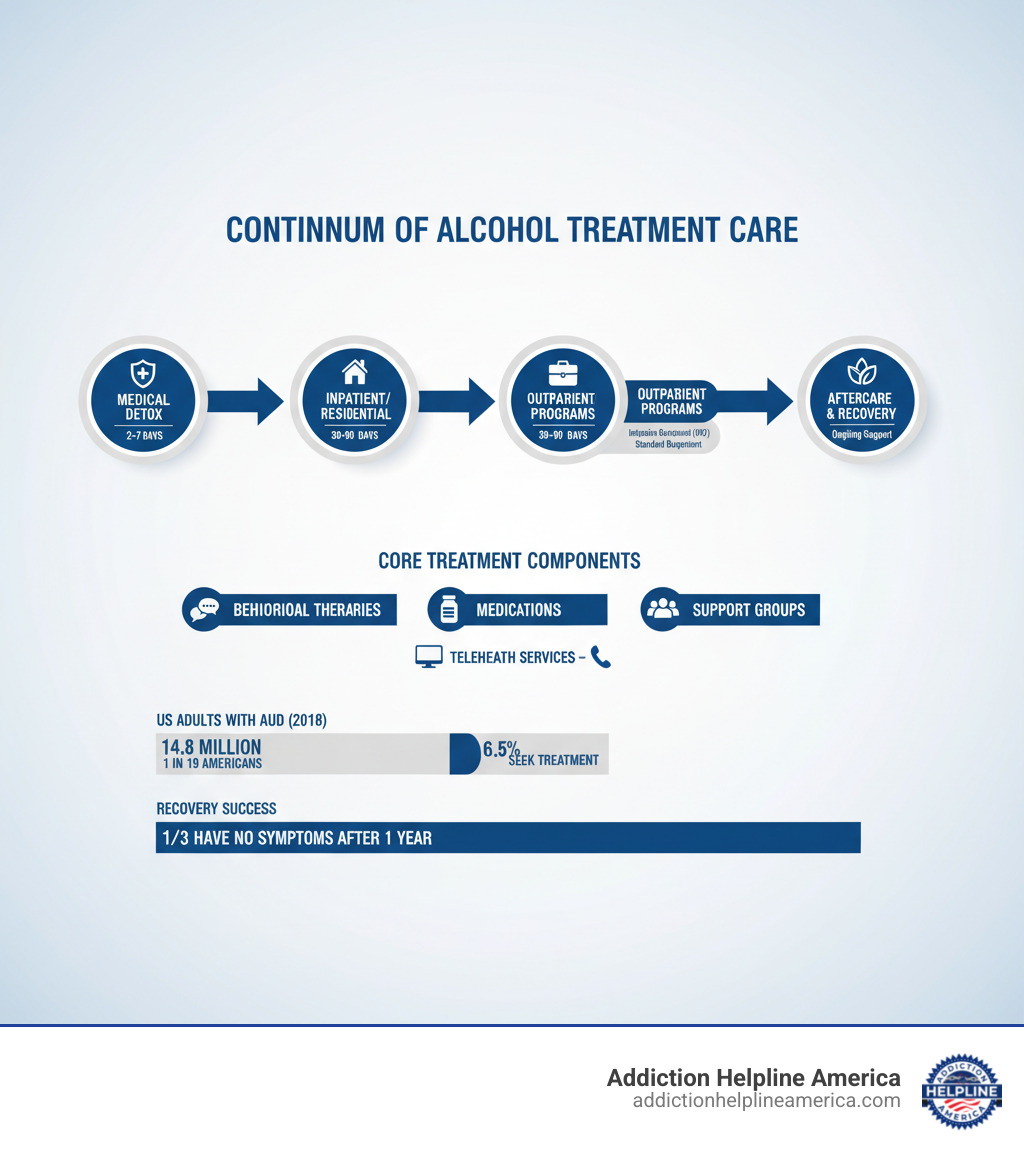 infographic showing continuum of alcohol treatment care from detox through outpatient to aftercare - alcohol treatment options infographic 