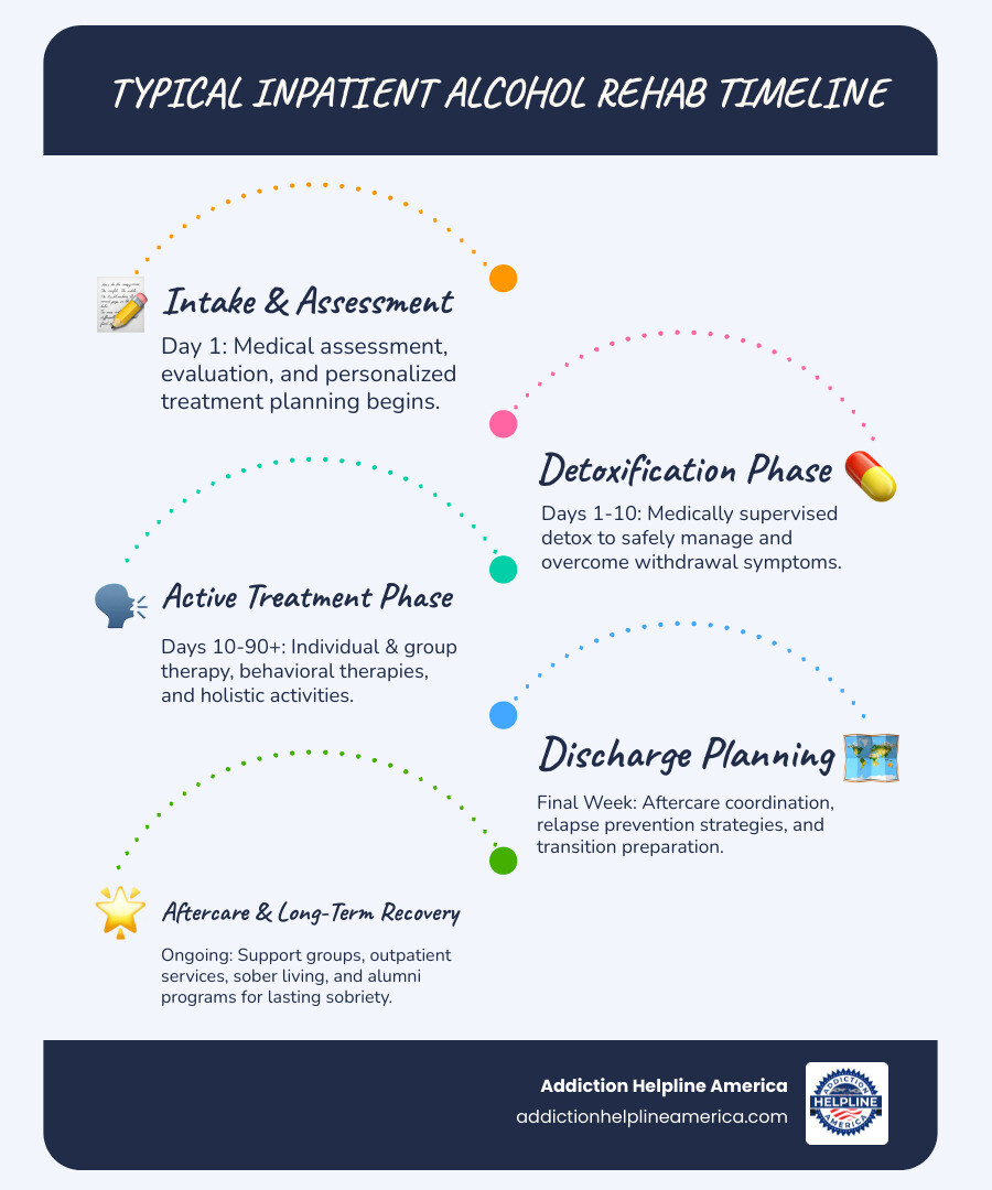 Infographic showing the typical inpatient alcohol rehab timeline: Starting with intake and medical assessment (Day 1), followed by detoxification phase (Days 1-10 with 24/7 medical supervision), transitioning to active treatment phase (Days 10-30/60/90 including individual therapy, group counseling, behavioral therapies, and holistic activities), discharge planning (final week including aftercare coordination and relapse prevention), and finally aftercare phase (ongoing support through outpatient services, support groups, sober living, and alumni programs). Arrows show progression with note that duration is individualized based on severity of addiction, co-occurring disorders, physical health, response to treatment, and insurance coverage. - how long are inpatient alcohol rehab programs infographic infographic-line-5-steps-blues-accent_colors Infographic showing the typical inpatient alcohol rehab timeline: Starting with intake and medical assessment (Day 1), followed by detoxification phase (Days 1-10 with 24/7 medical supervision), transitioning to active treatment phase (Days 10-30/60/90 including individual therapy, group counseling, behavioral therapies, and holistic activities), discharge planning (final week including aftercare coordination and relapse prevention), and finally aftercare phase (ongoing support through outpatient services, support groups, sober living, and alumni programs). Arrows show progression with note that duration is individualized based on severity of addiction, co-occurring disorders, physical health, response to treatment, and insurance coverage. - how long are inpatient alcohol rehab programs infographic infographic-line-5-steps-blues-accent_colors