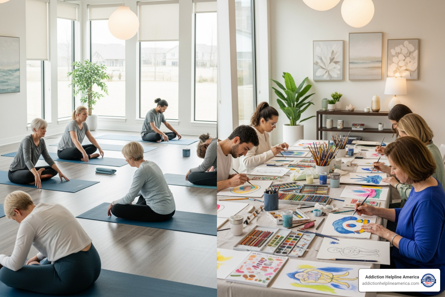 People participating in yoga and art therapy at a serene treatment center - san antonio alcohol treatment centers People participating in yoga and art therapy at a serene treatment center - san antonio alcohol treatment centers
