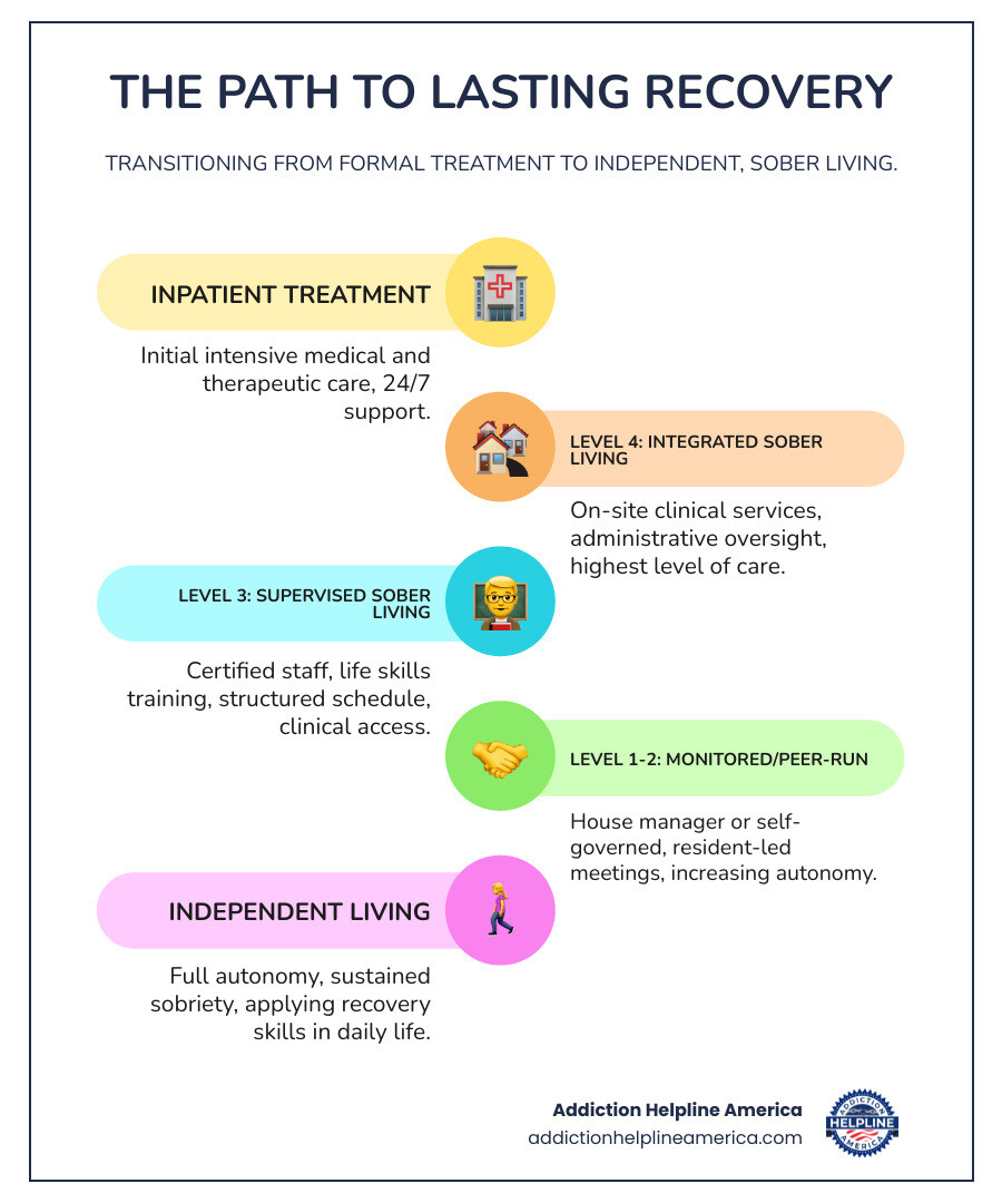 infographic explaining the path from inpatient treatment through four levels of sober living to independent living - sober living options infographic infographic-line-5-steps-colors infographic explaining the path from inpatient treatment through four levels of sober living to independent living - sober living options infographic infographic-line-5-steps-colors