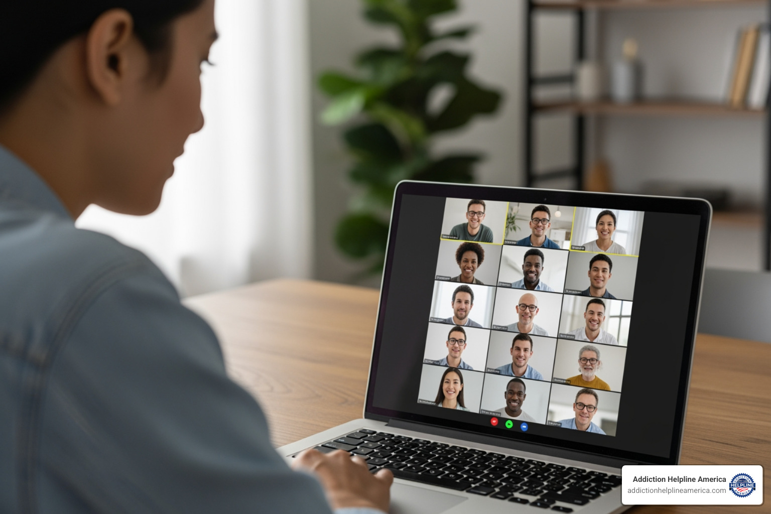 A person participating in a virtual support group meeting on a laptop, with other participants visible on screen - aftercare for eating disorders