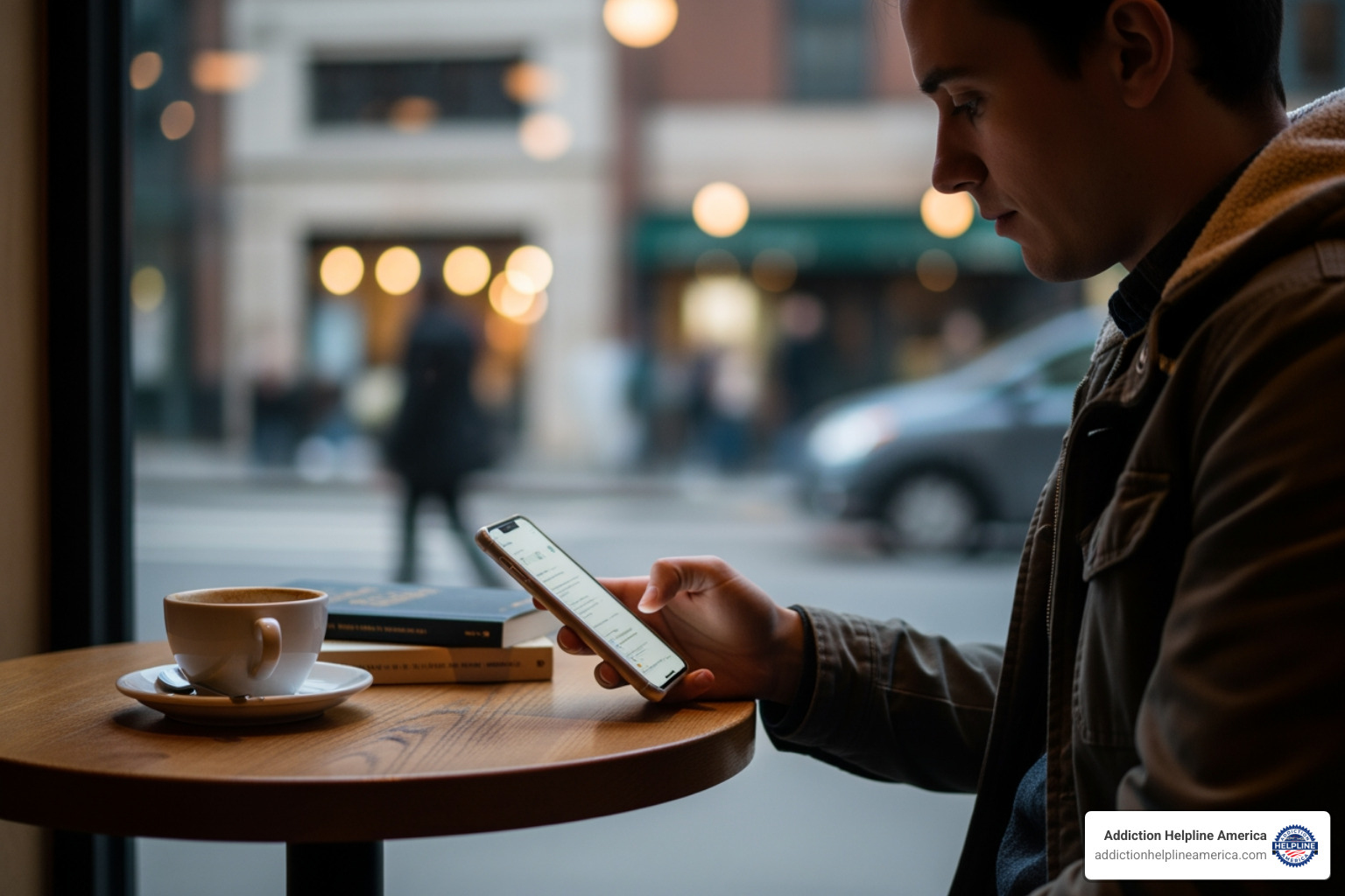 someone chatting on a bus or in a cafe - mental health helpline online chat