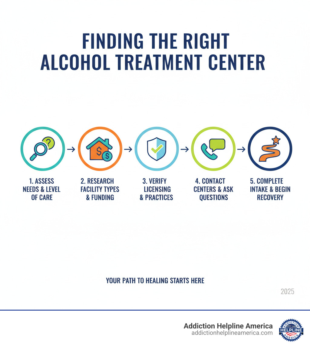 infographic showing five steps: 1. Assess your needs and level of care required, 2. Research facility types and funding options, 3. Verify licensing, accreditation, and evidence-based practices, 4. Contact centers and ask key questions, 5. Complete intake and begin your recovery journey - treatment centers for alcoholics infographic infographic showing five steps: 1. Assess your needs and level of care required, 2. Research facility types and funding options, 3. Verify licensing, accreditation, and evidence-based practices, 4. Contact centers and ask key questions, 5. Complete intake and begin your recovery journey - treatment centers for alcoholics infographic